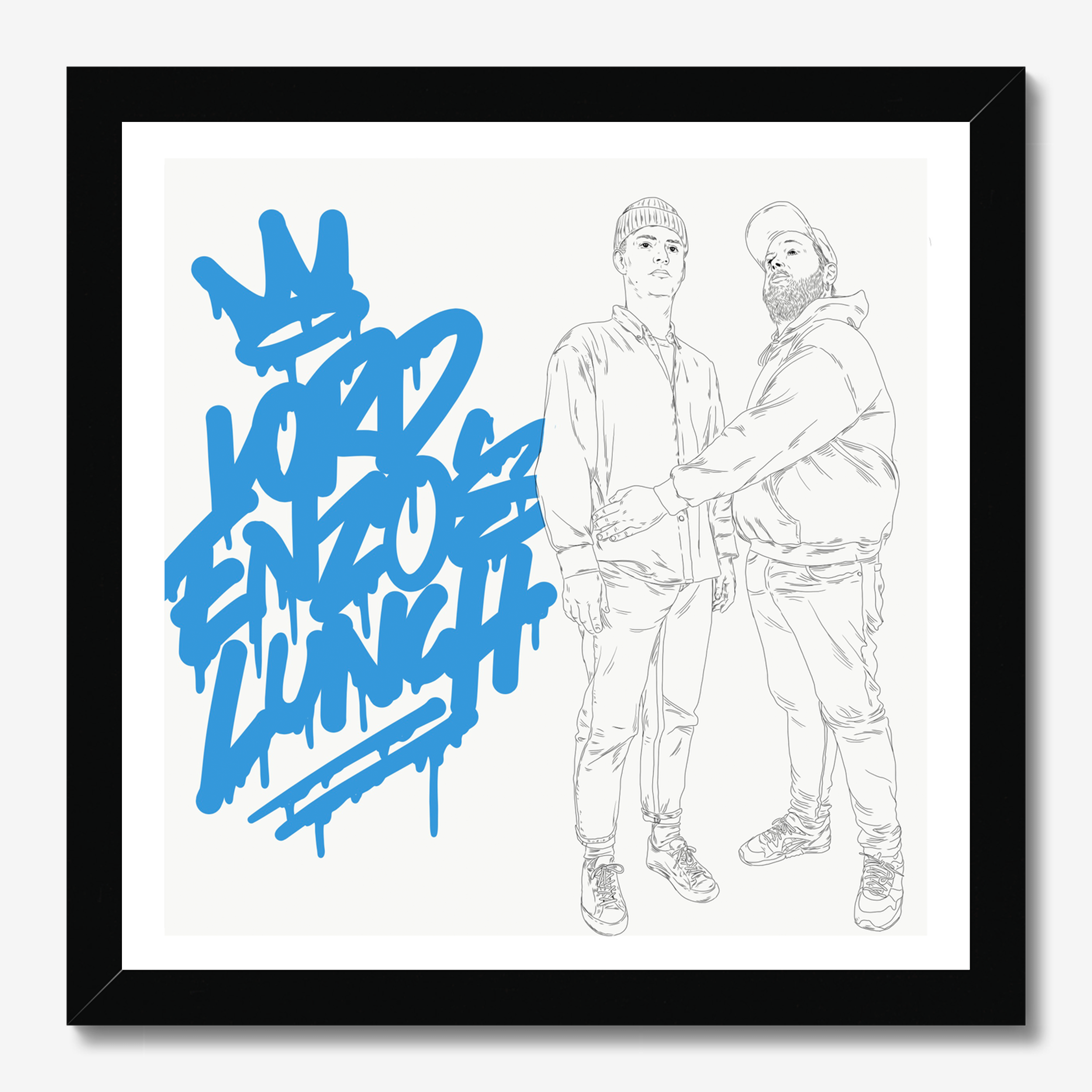 Square typography illustrative illustration titled Lord Enzo's Lunch by Sunday Morning - Museum quality framed art.