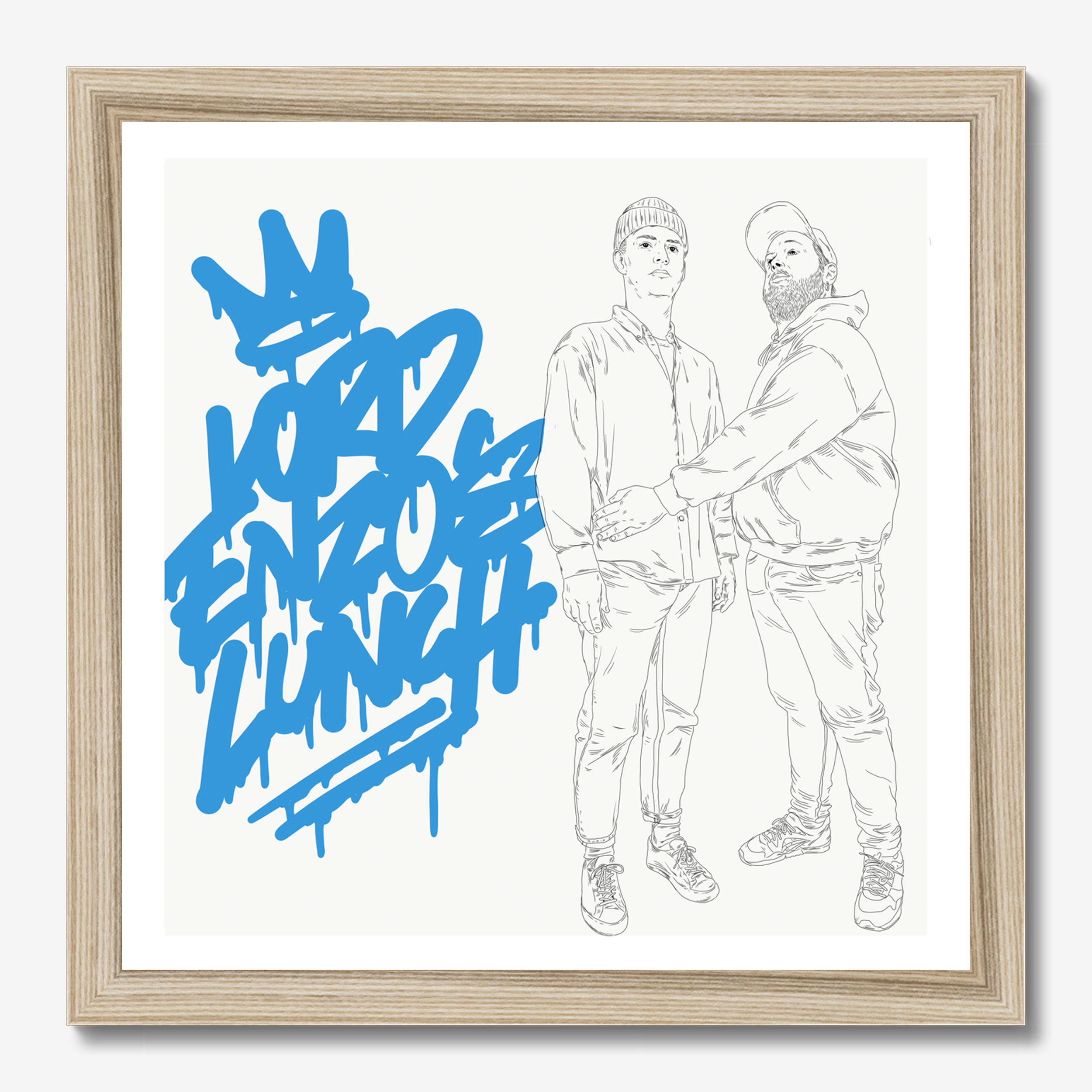 Square typography illustrative illustration titled Lord Enzo's Lunch by Sunday Morning - Museum quality framed art.