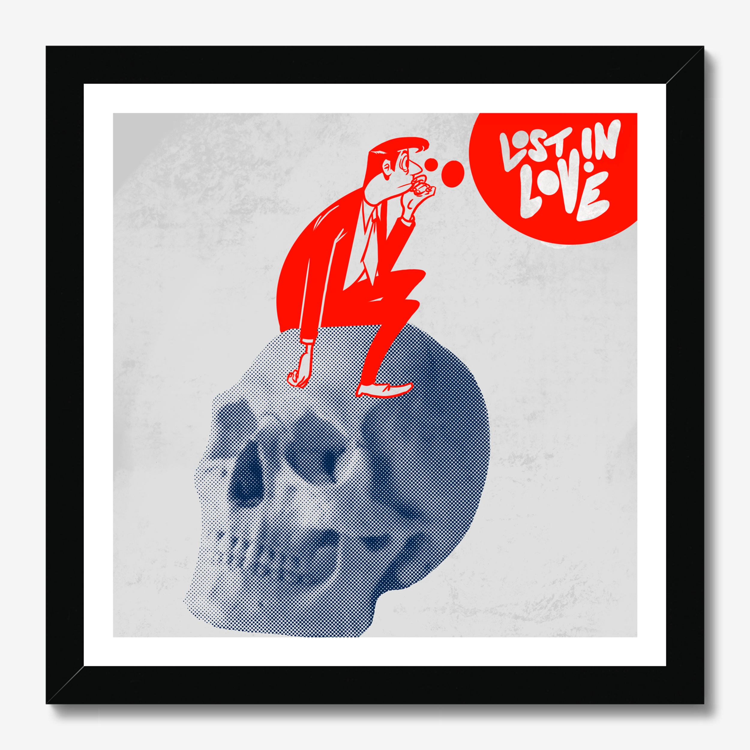 Square illustrative framed wall art titled 'Lost In Love' by Sunday Morning. Premium Giclée print.