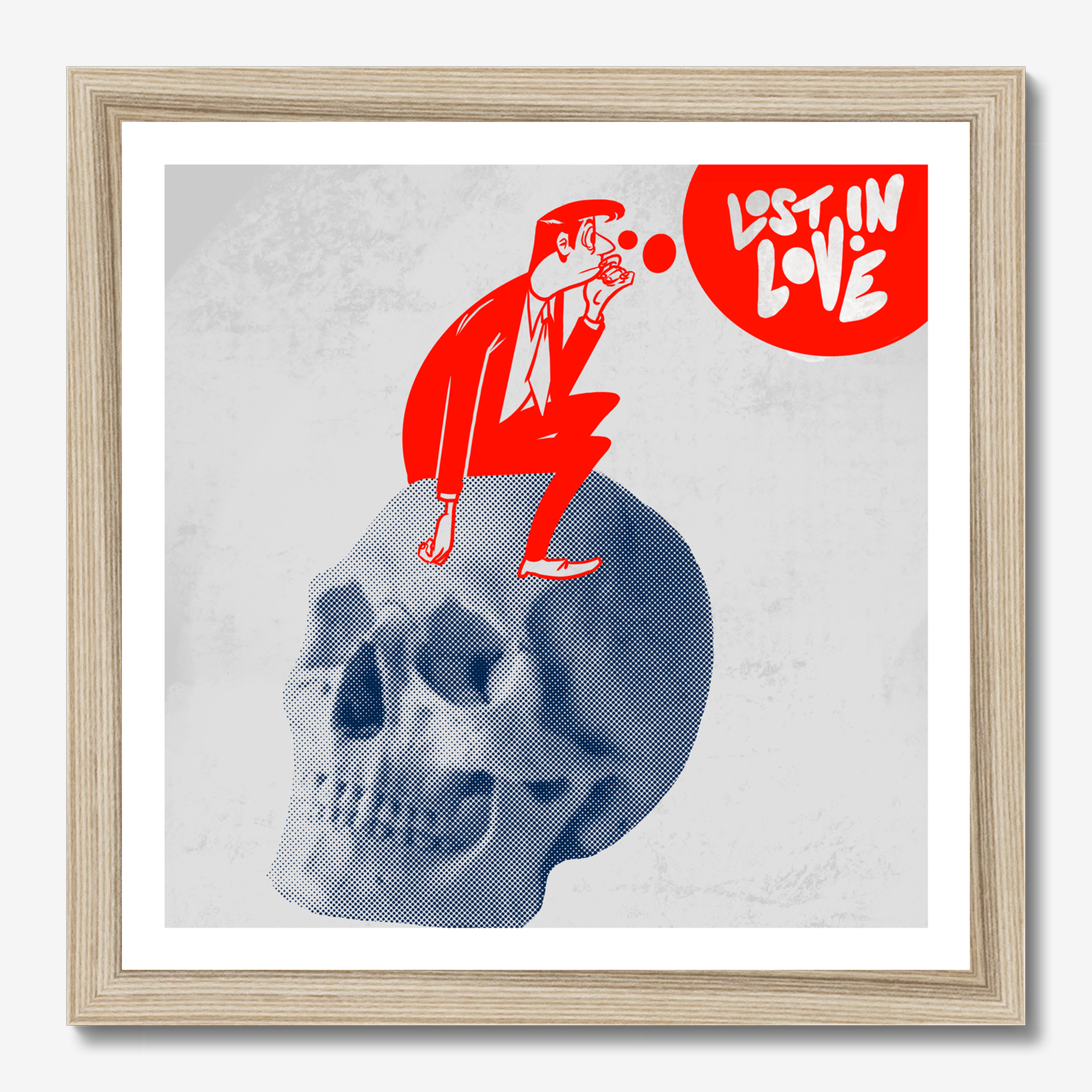 Square illustrative framed wall art titled 'Lost In Love' by Sunday Morning. Premium Giclée print.