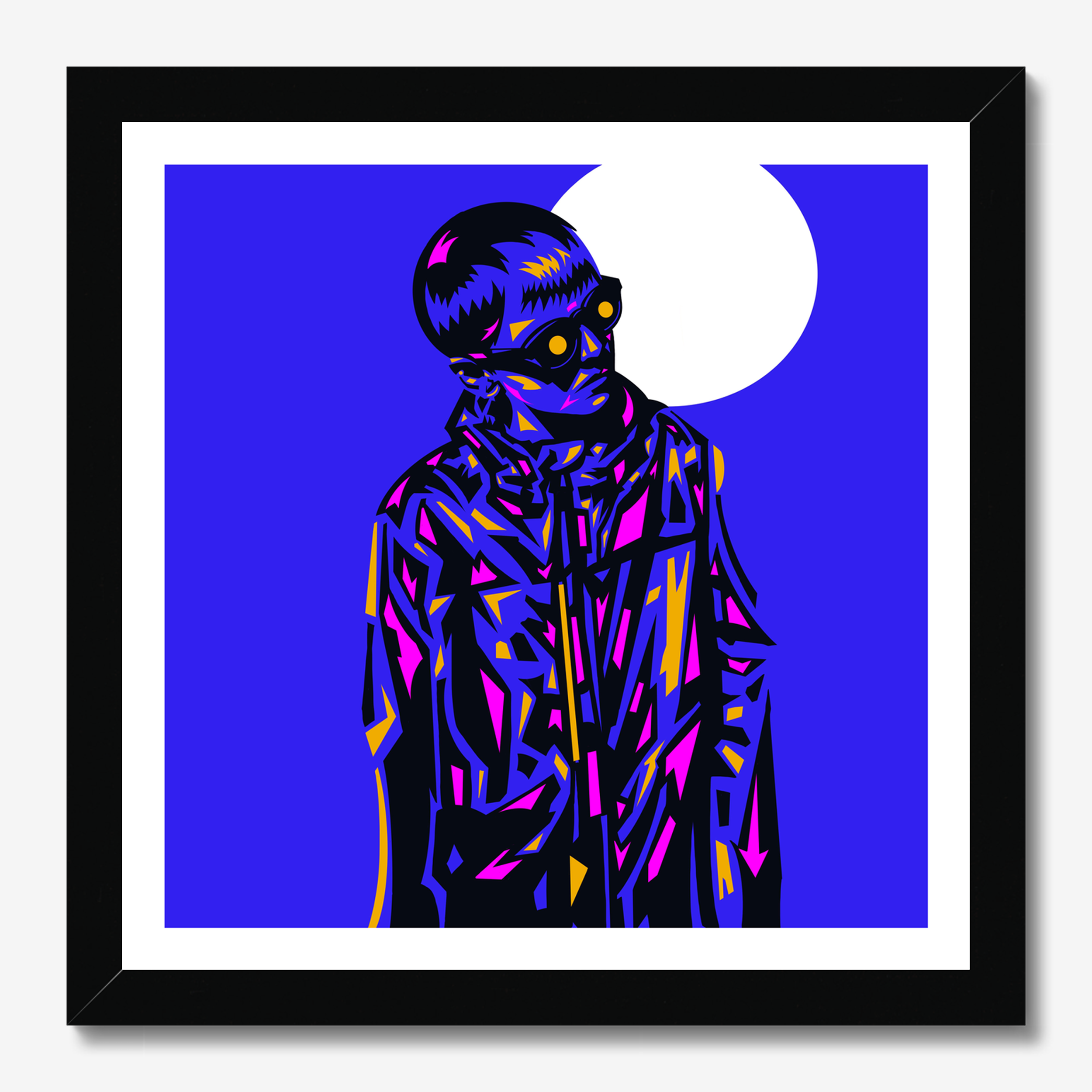 Square illustrative framed wall art titled 'Neon Ned' by Sunday Morning. Premium Giclée print.