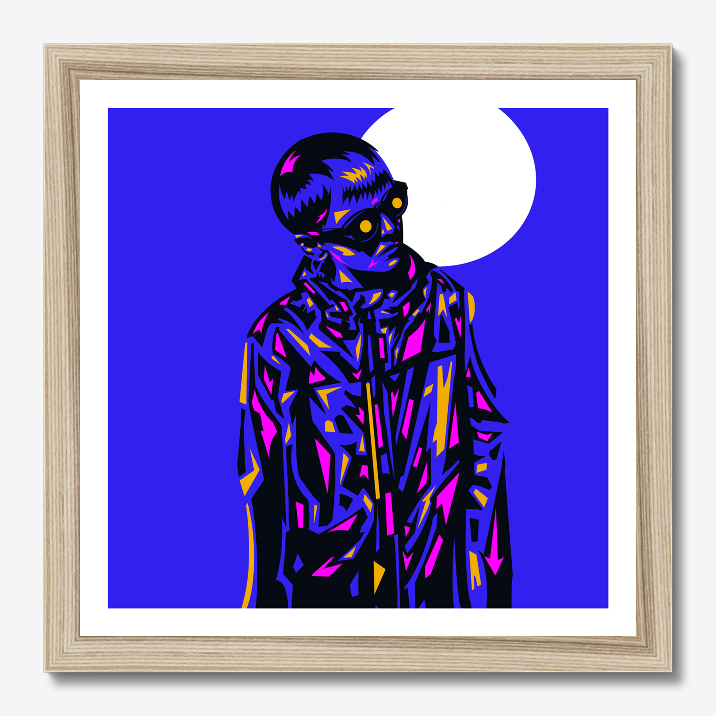 Square illustrative framed wall art titled 'Neon Ned' by Sunday Morning. Premium Giclée print.