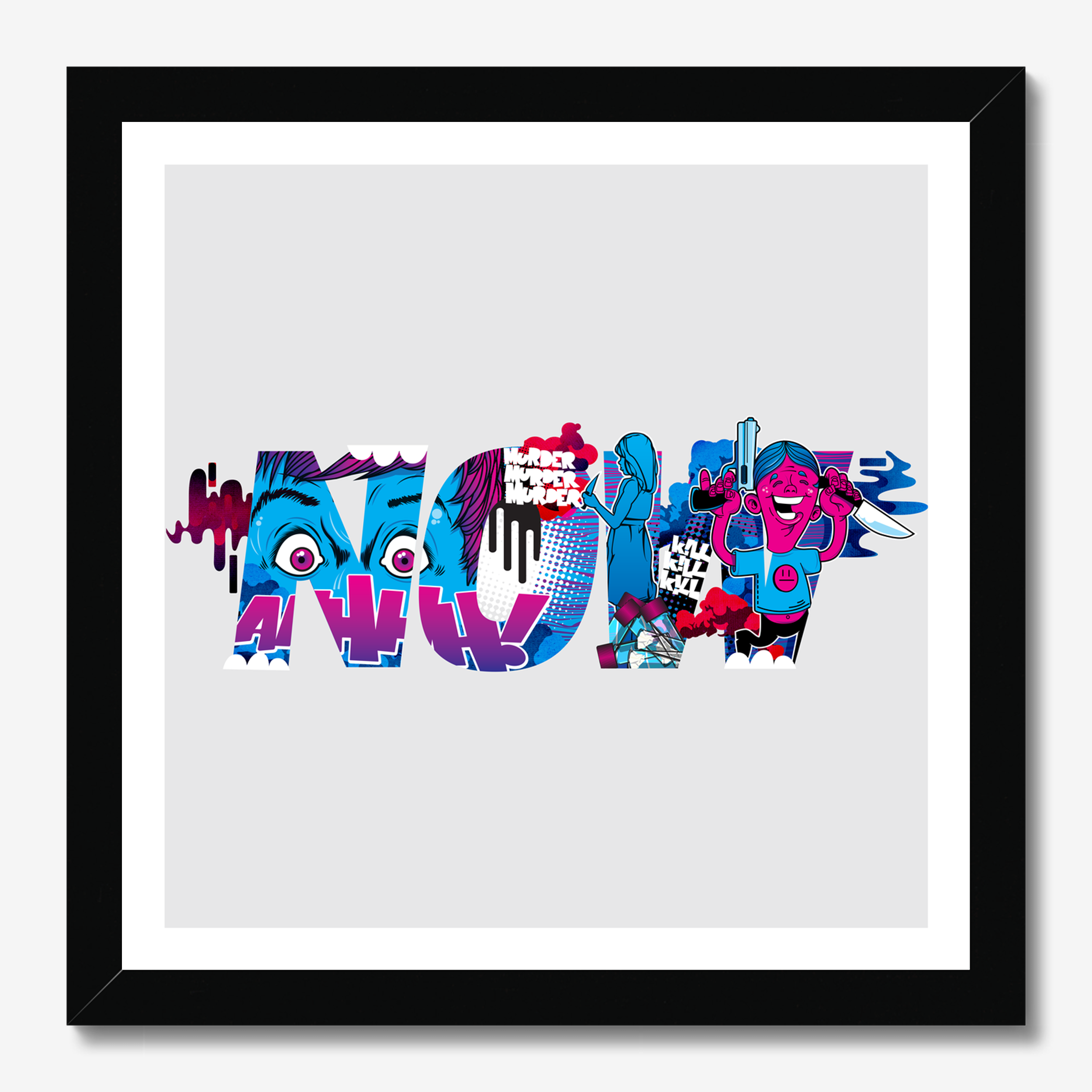 Square typography & illustrative framed wall art titled 'Now' by Sunday Morning. Premium Giclée print.
