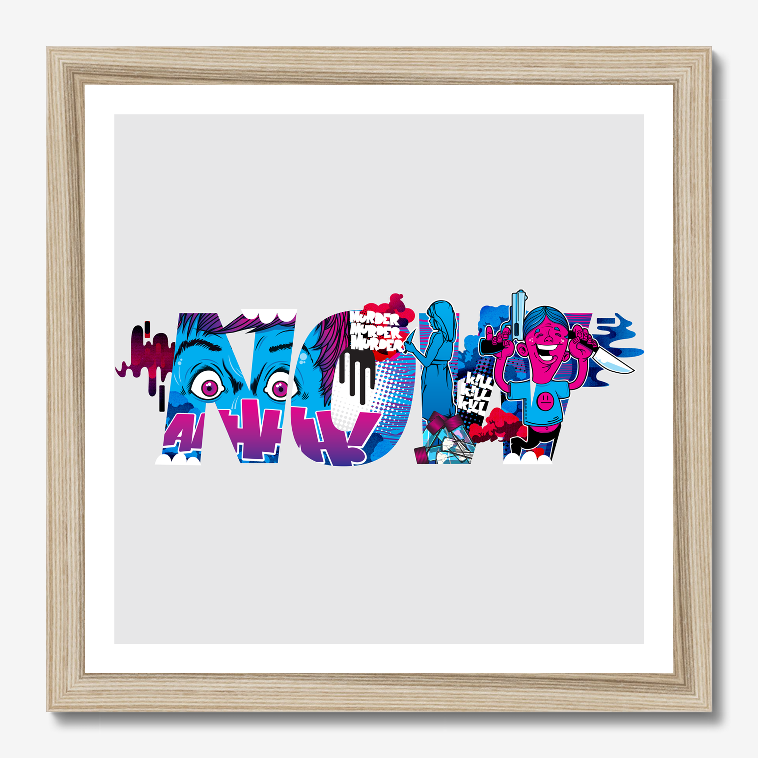 Square typography & illustrative framed wall art titled 'Now' by Sunday Morning. Premium Giclée print.
