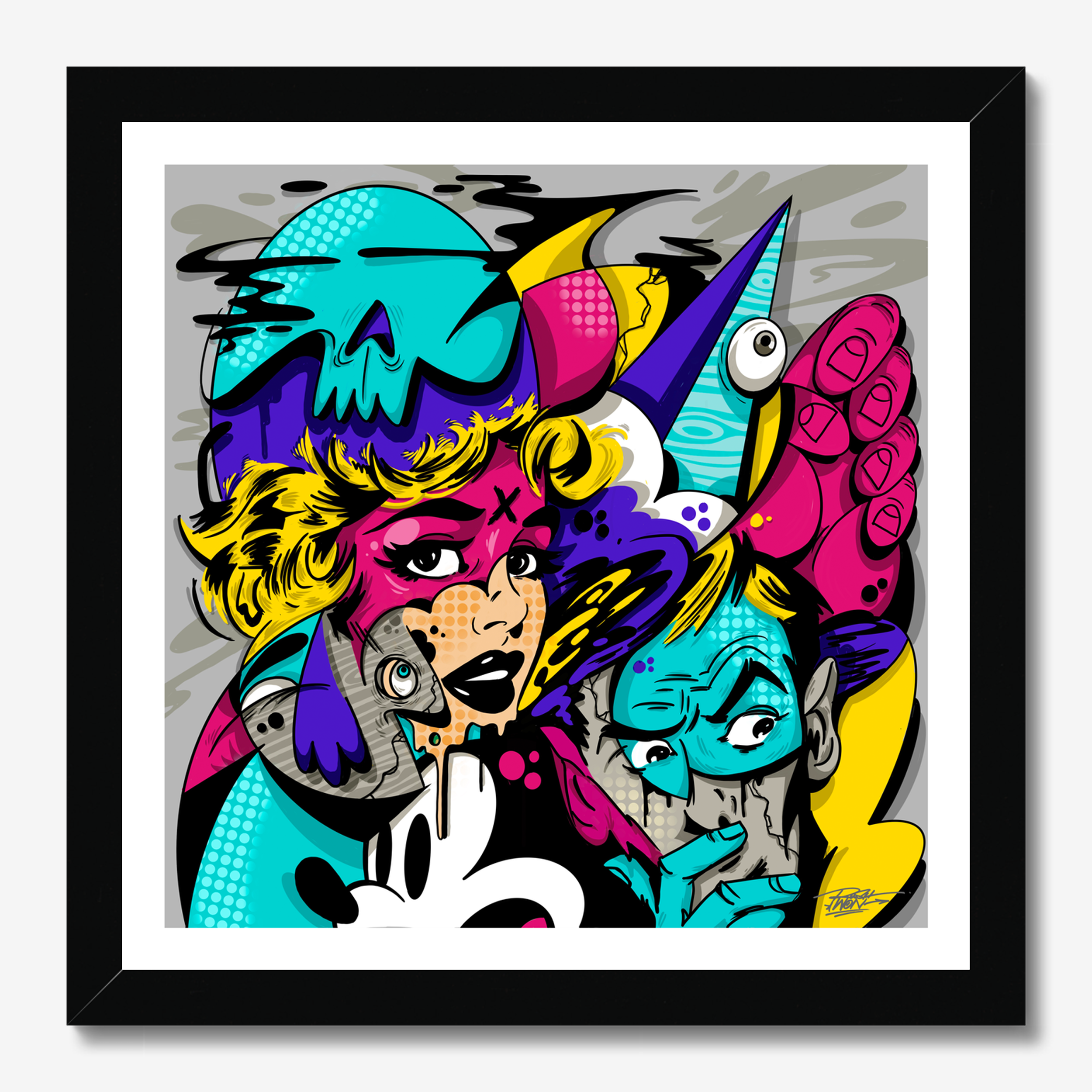 Square illustrative framed wall art titled 'Plastic Nostalgia' by Sunday Morning. Premium Giclée print.