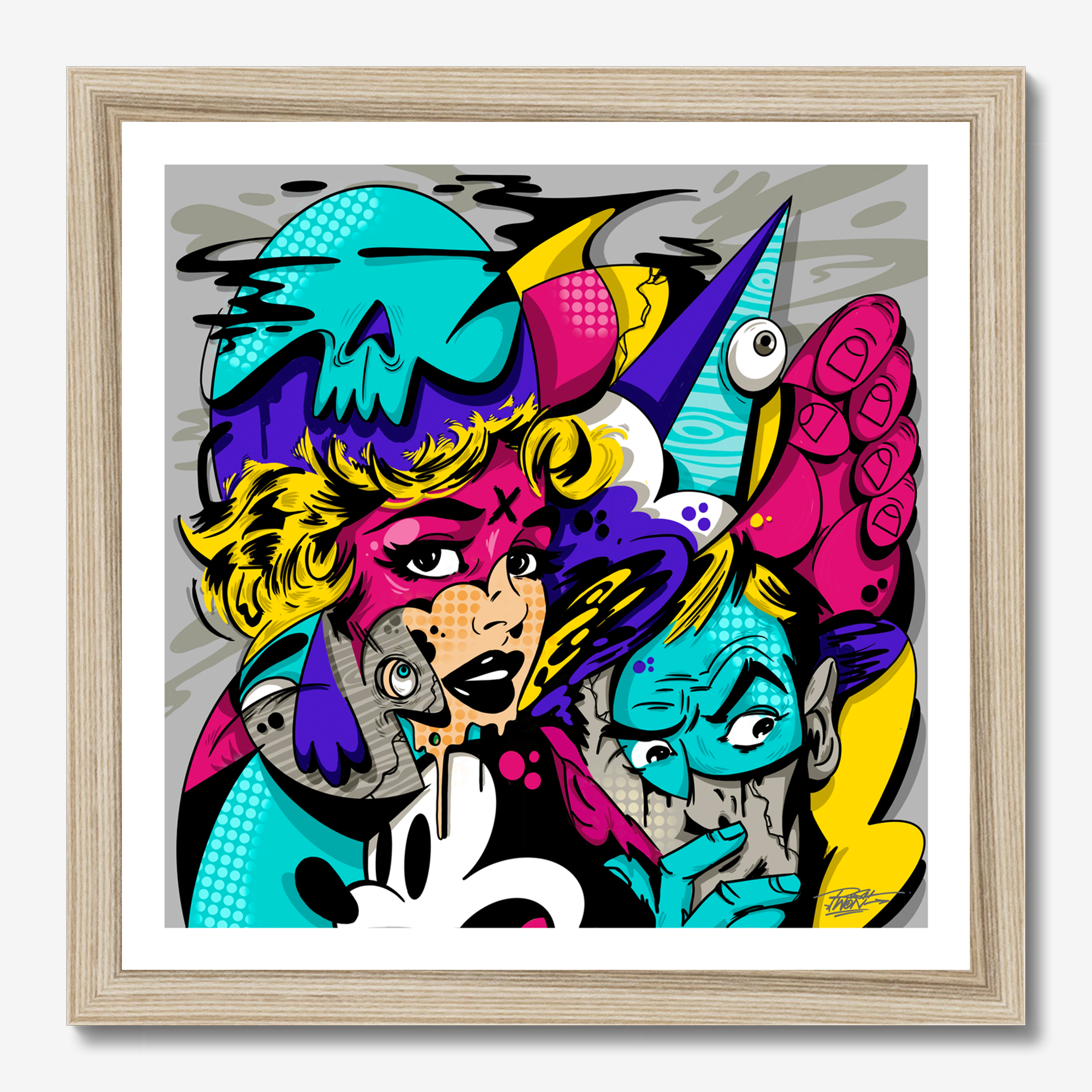 Square illustrative framed wall art titled 'Plastic Nostalgia' by Sunday Morning. Premium Giclée print.