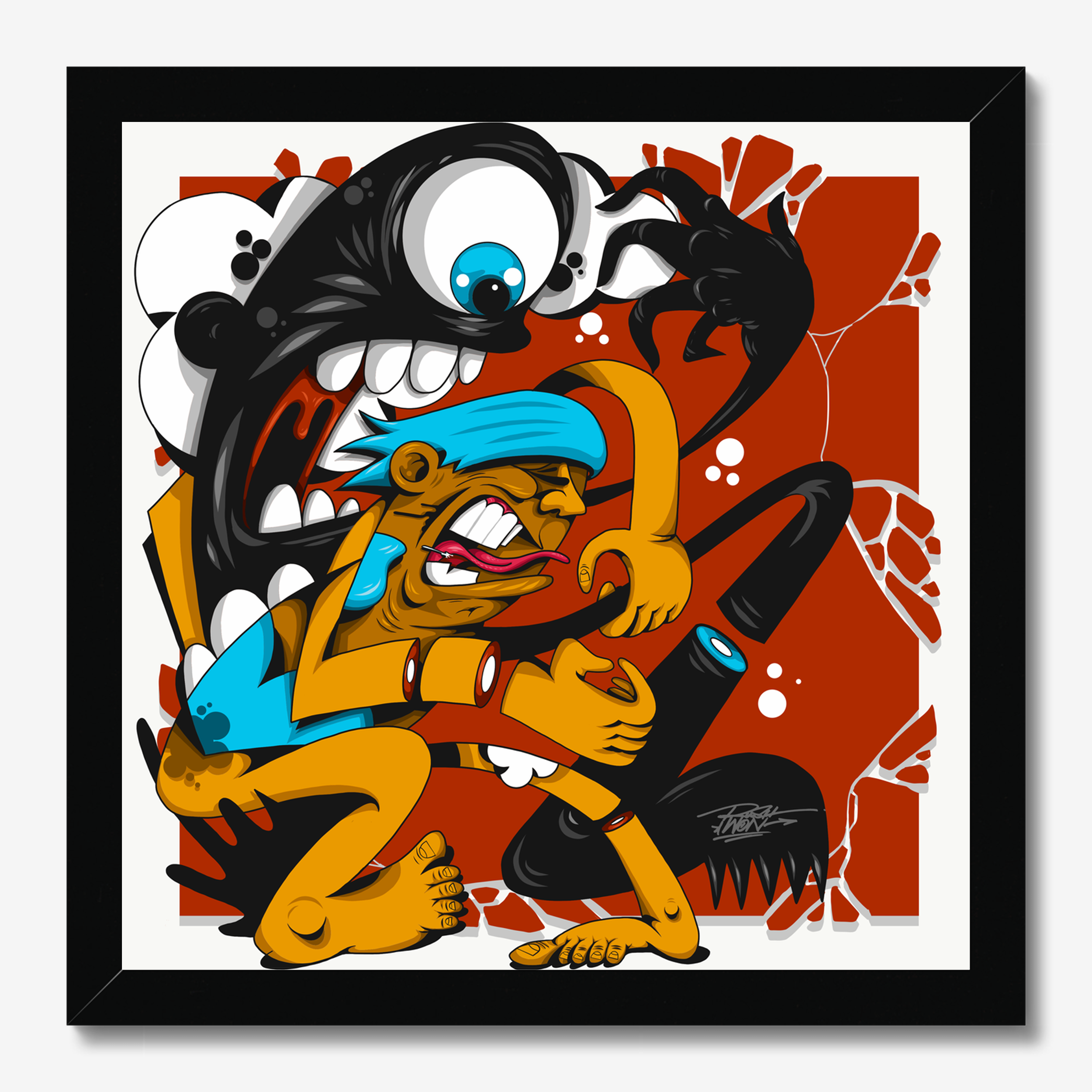 Square illustrative framed wall art titled 'Rawk' by Sunday Morning. Premium Giclée print.