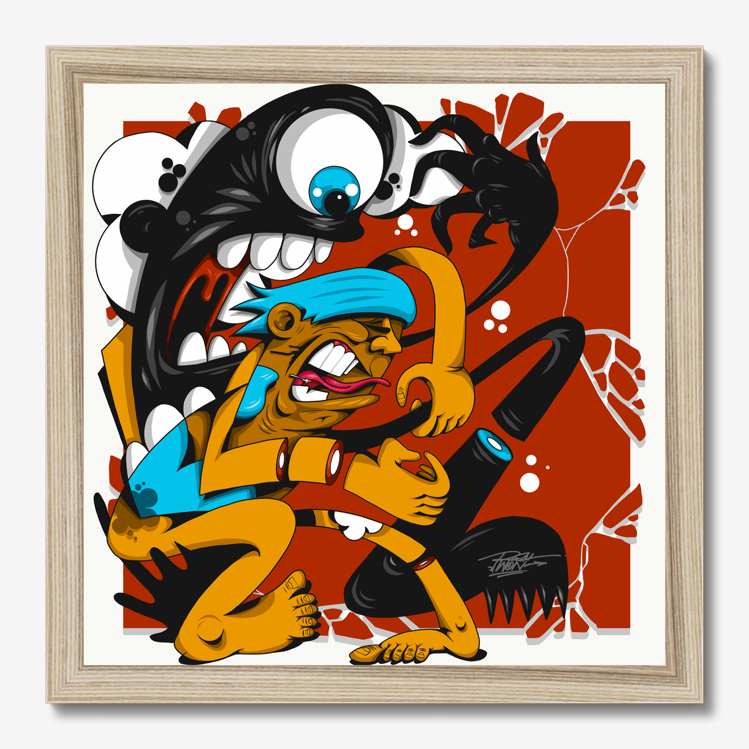 Square illustrative framed wall art titled 'Rawk' by Sunday Morning. Premium Giclée print.