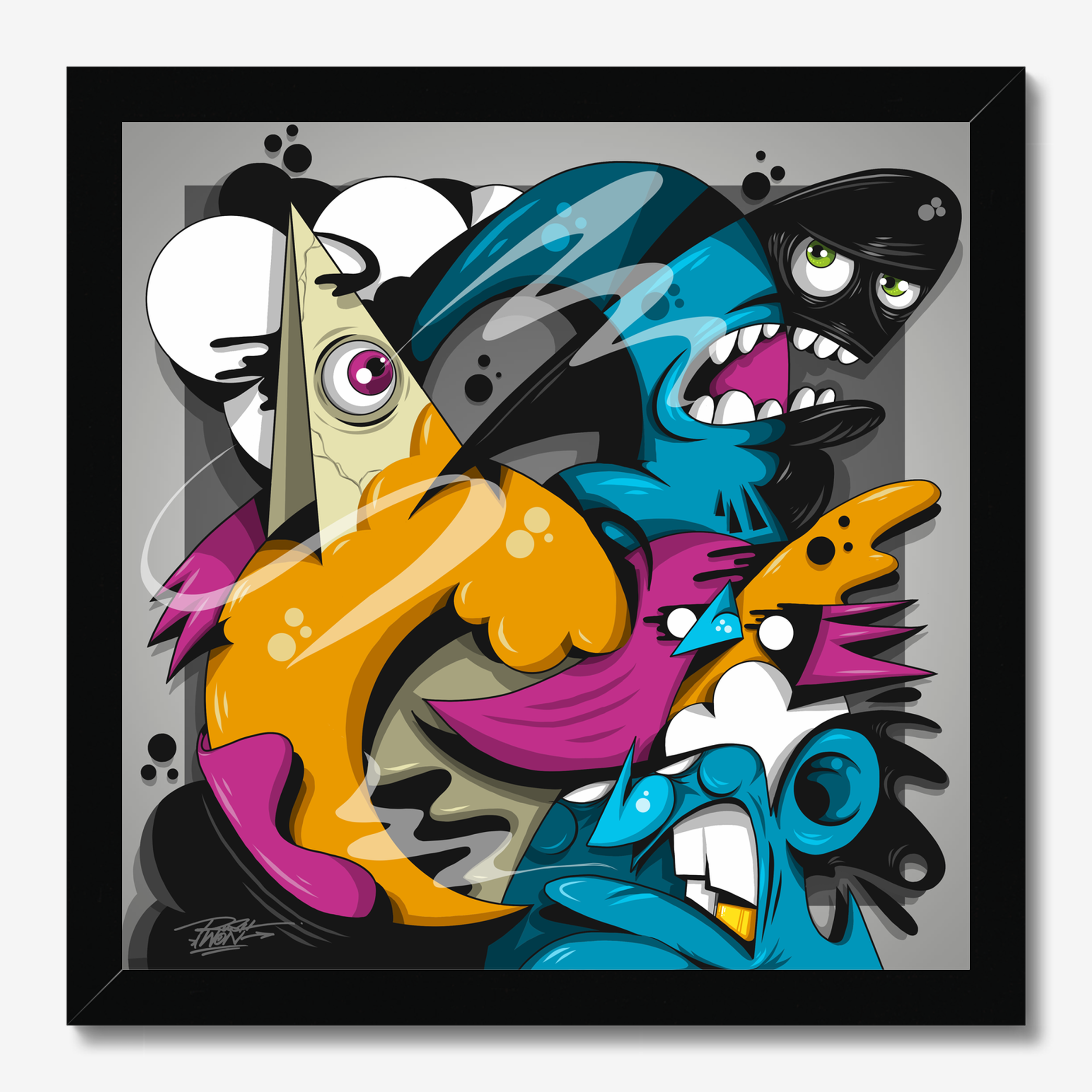 Square illustrative illustration titled Reach Back by Sunday Morning - Museum quality framed art.