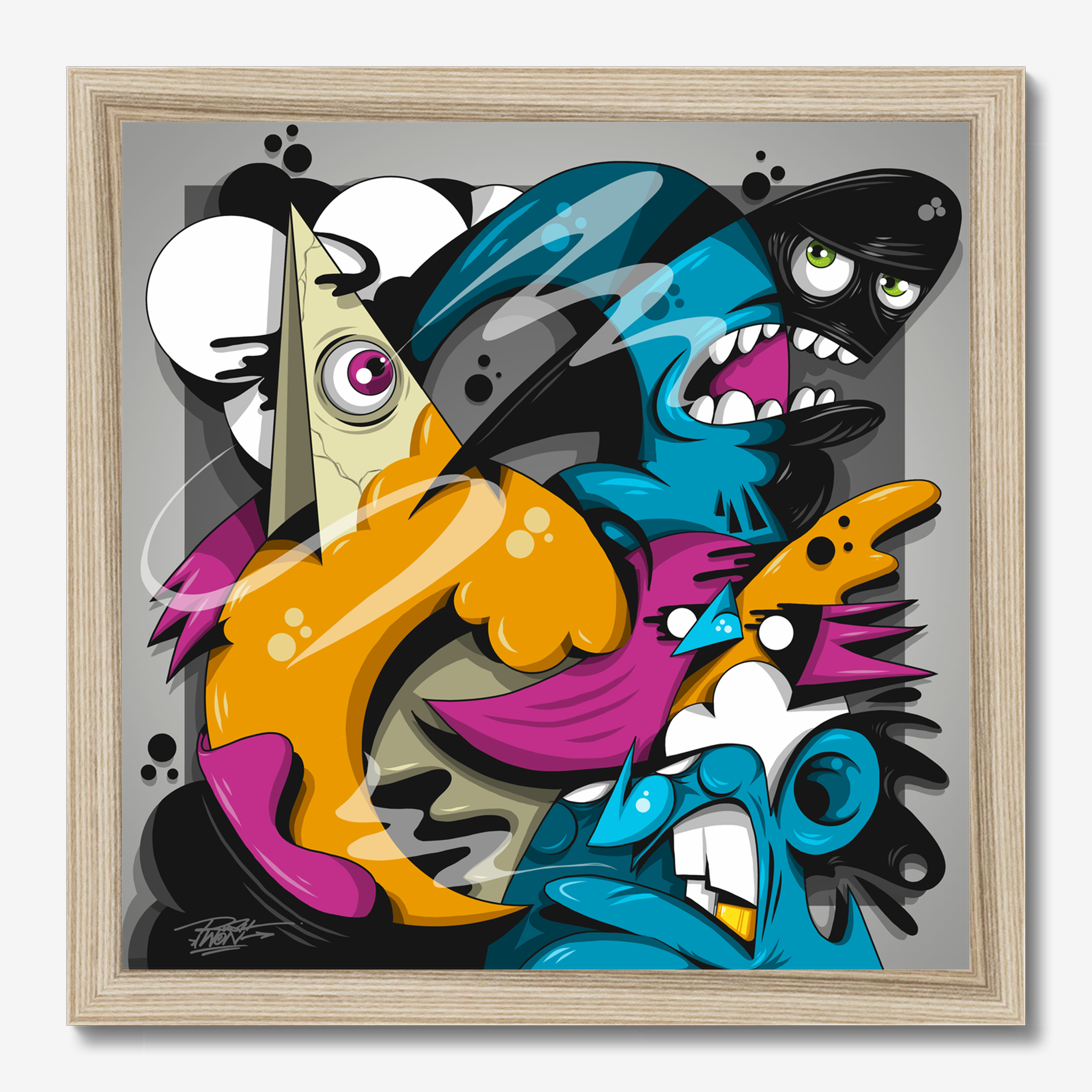 Square illustrative illustration titled Reach Back by Sunday Morning - Museum quality framed art.