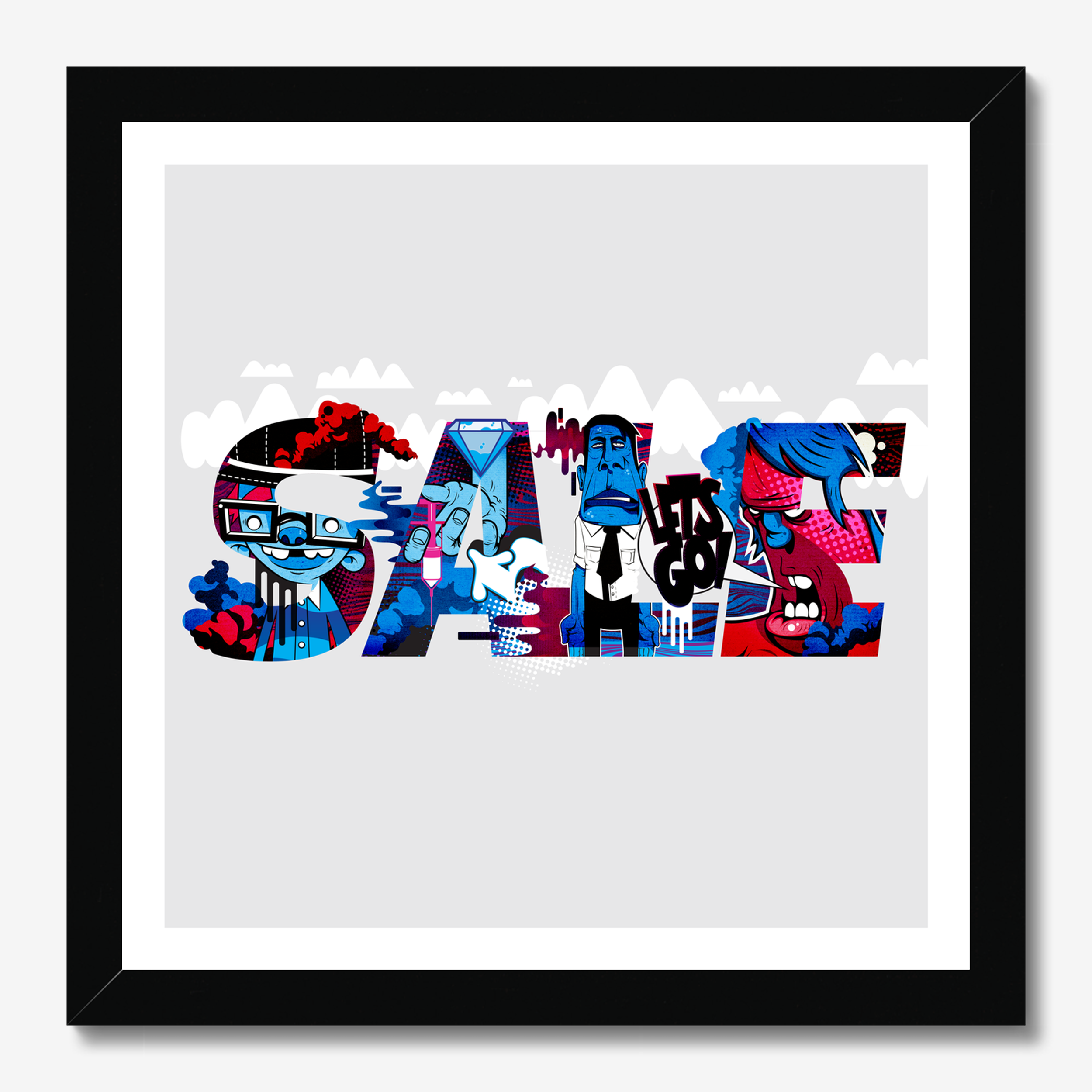 Square illustrative & typography framed wall art titled 'Sale' by Sunday Morning. Premium Giclée print.