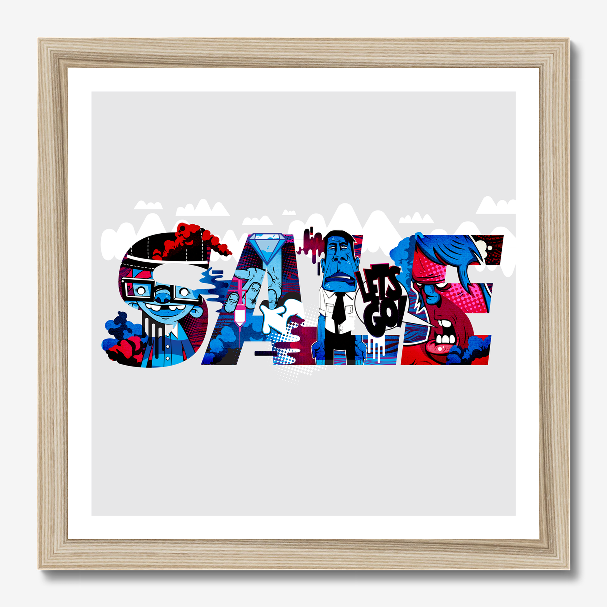 Square illustrative & typography framed wall art titled 'Sale' by Sunday Morning. Premium Giclée print.
