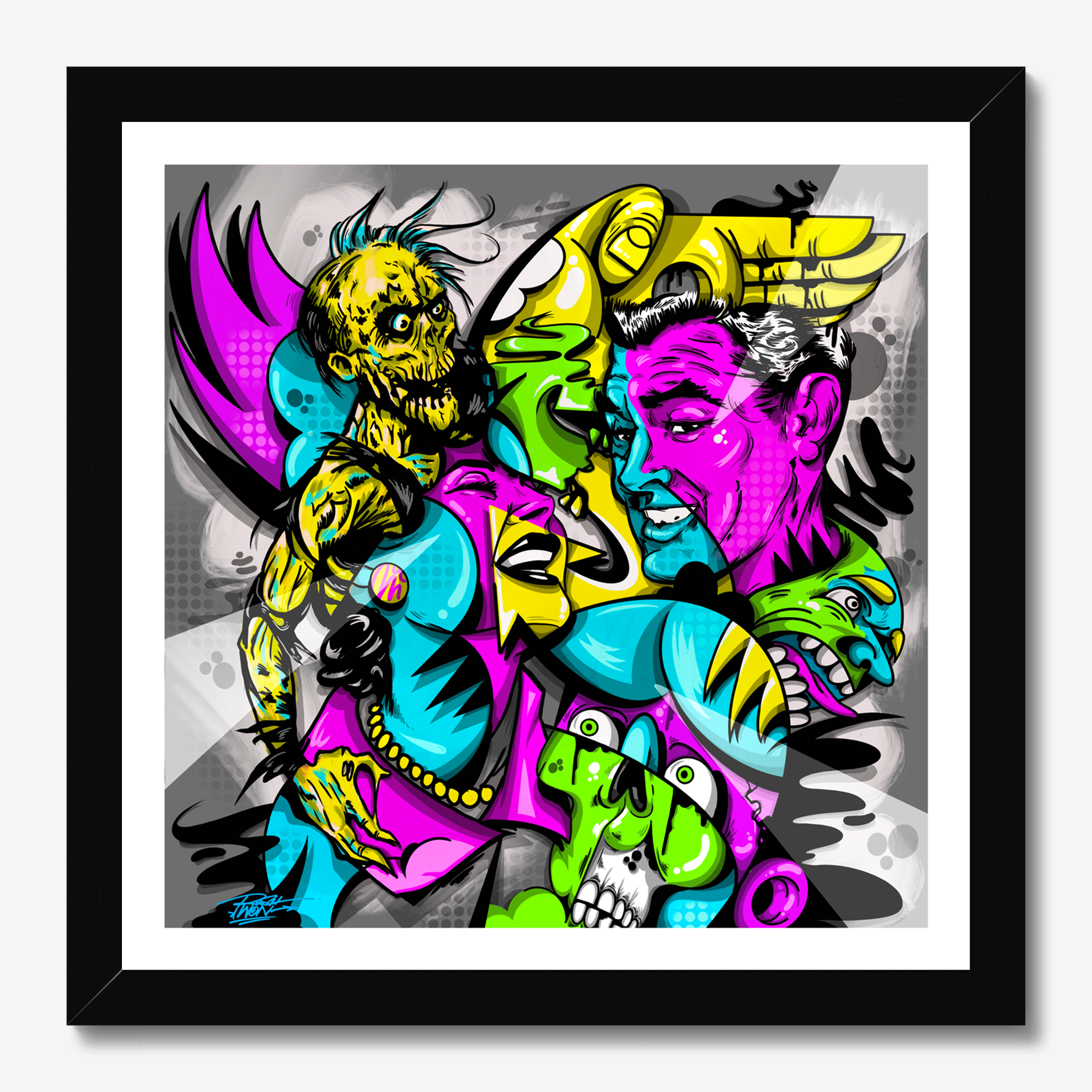 Square illustrative framed wall art titled 'Scary Love' by Sunday Morning. Premium Giclée print.
