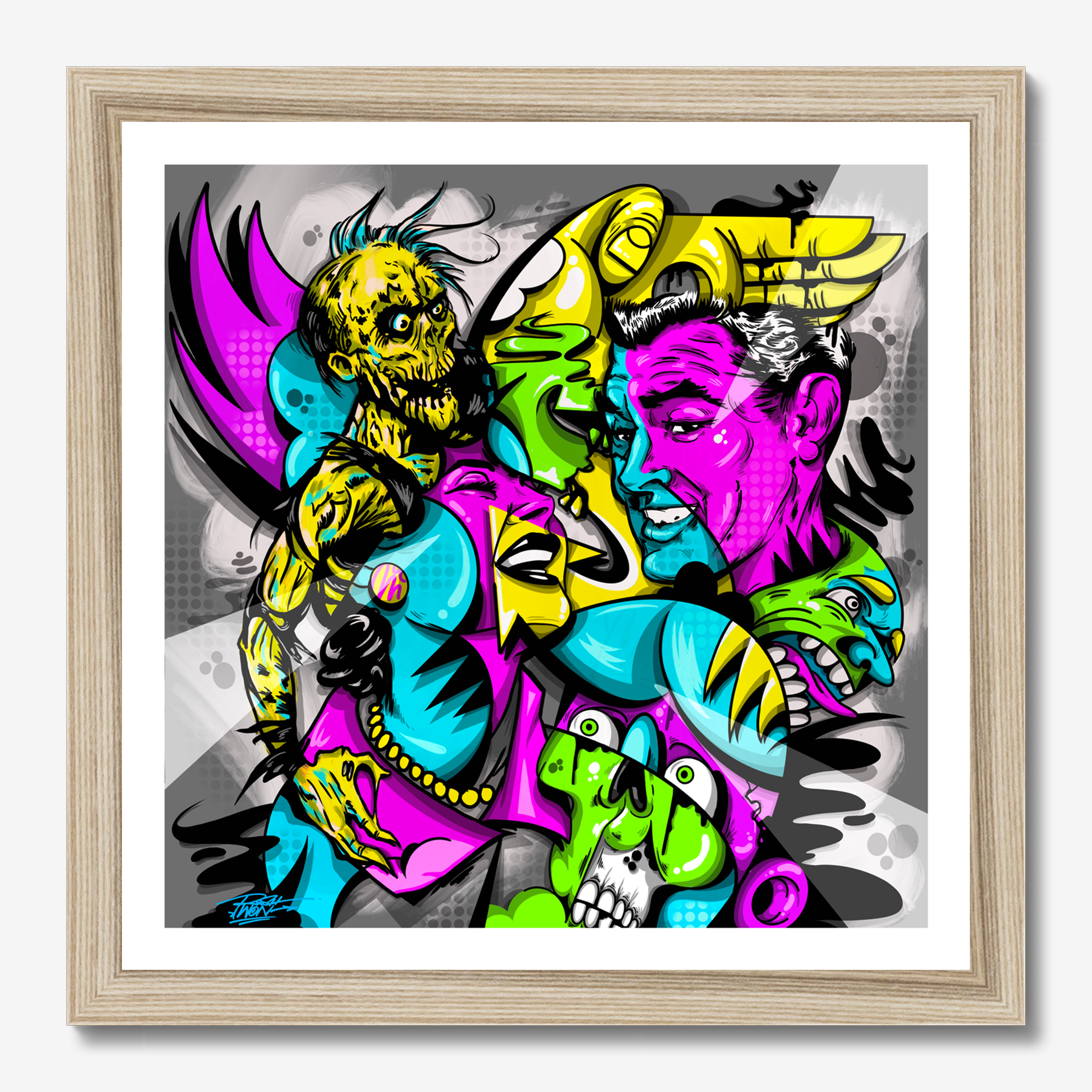 Square illustrative framed wall art titled 'Scary Love' by Sunday Morning. Premium Giclée print.