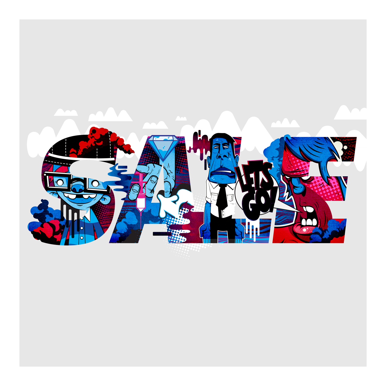 Square illustrative & typography framed wall art titled 'Sale' by Sunday Morning. Premium Giclée print.