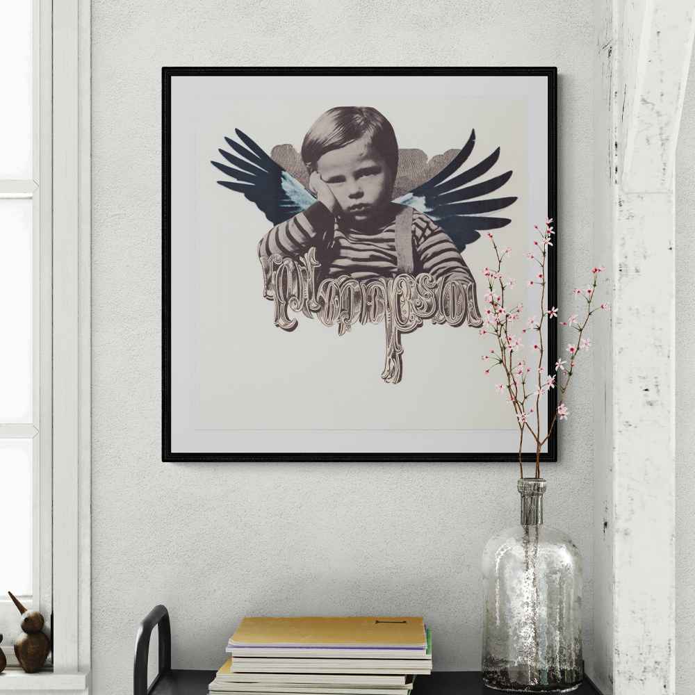 Square abstract framed wall art titled 'Icarus As A Boy' by Sunday Morning. Premium Giclée print.