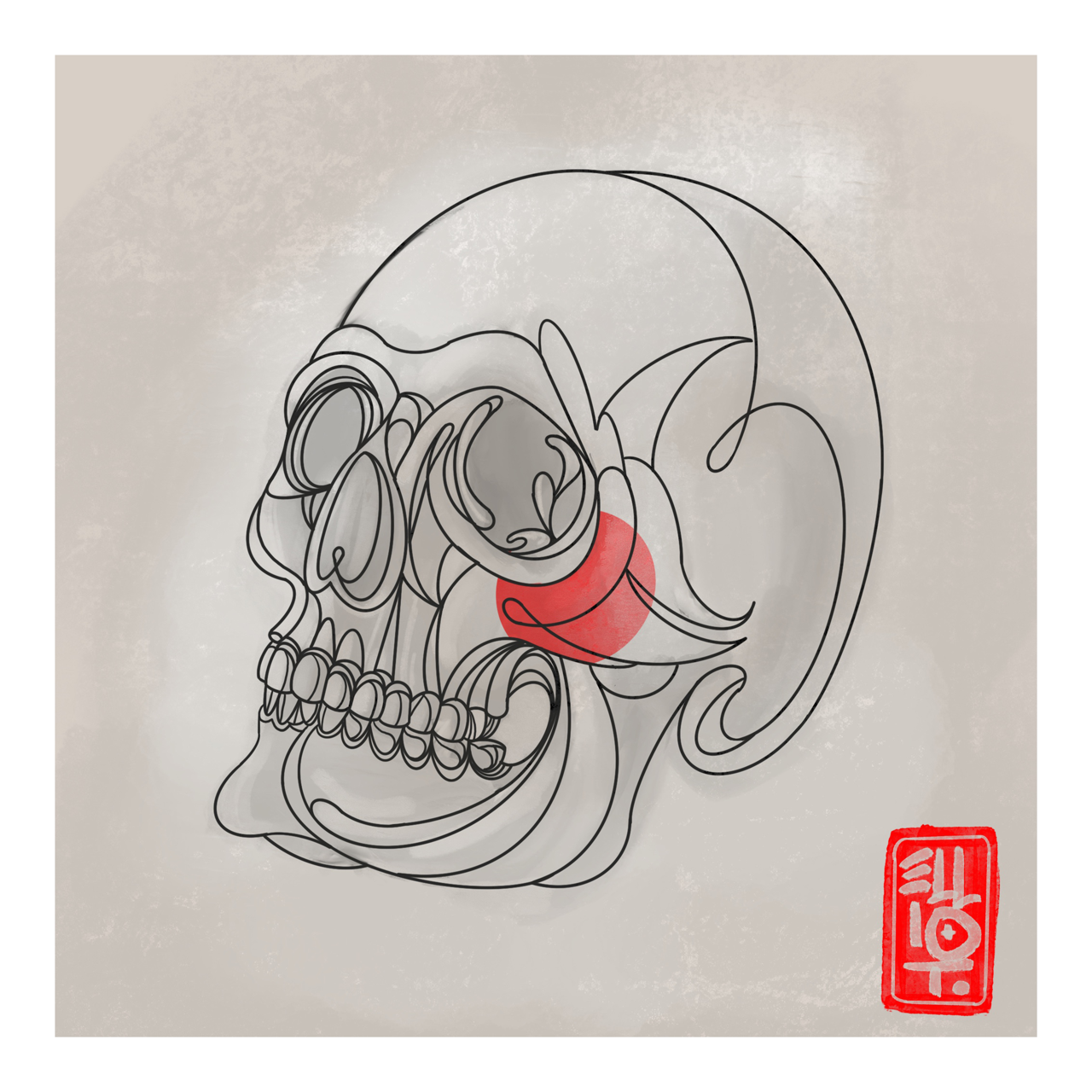 Square illustrative framed wall art titled 'Calavera' by Sunday Morning. Premium Giclée print.