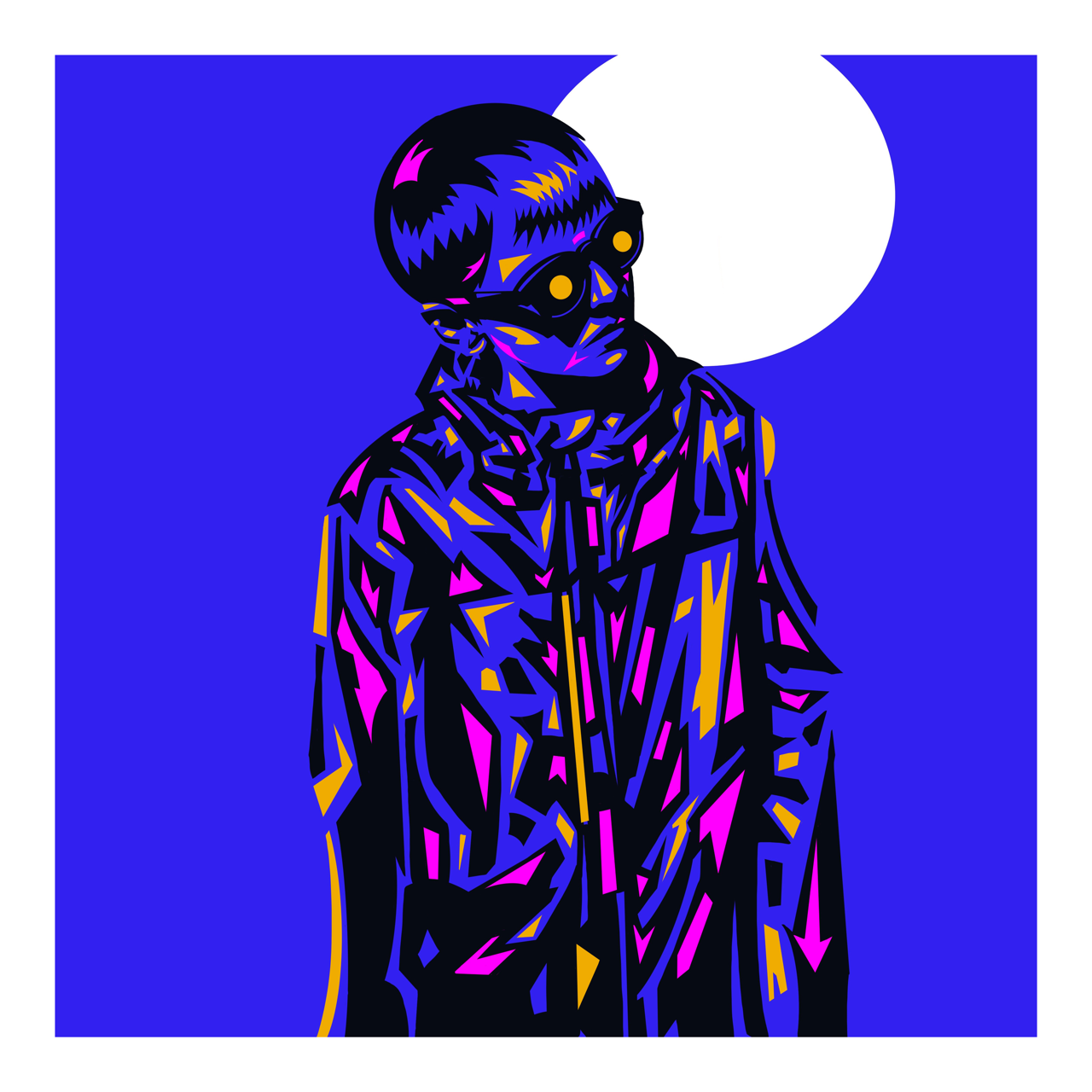 Square illustrative framed wall art titled 'Neon Ned' by Sunday Morning. Premium Giclée print.