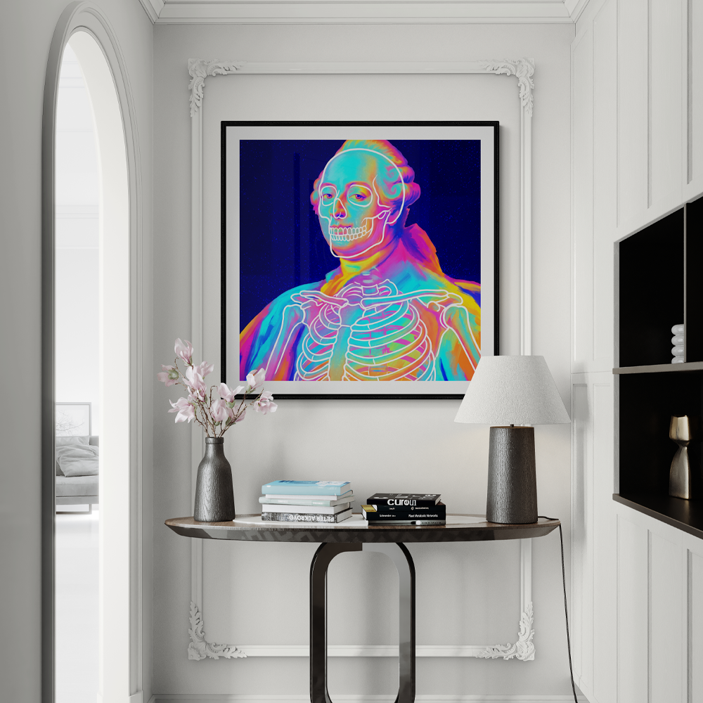 Skeleton pop art square wall art titled 'Lou' by Sunday Morning — museum-quality giclée print.