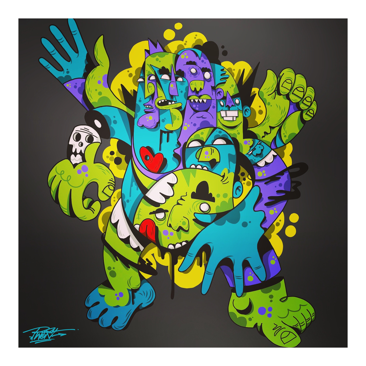 Square illustrative illustration titled Contagion by Sunday Morning - Museum quality framed art.