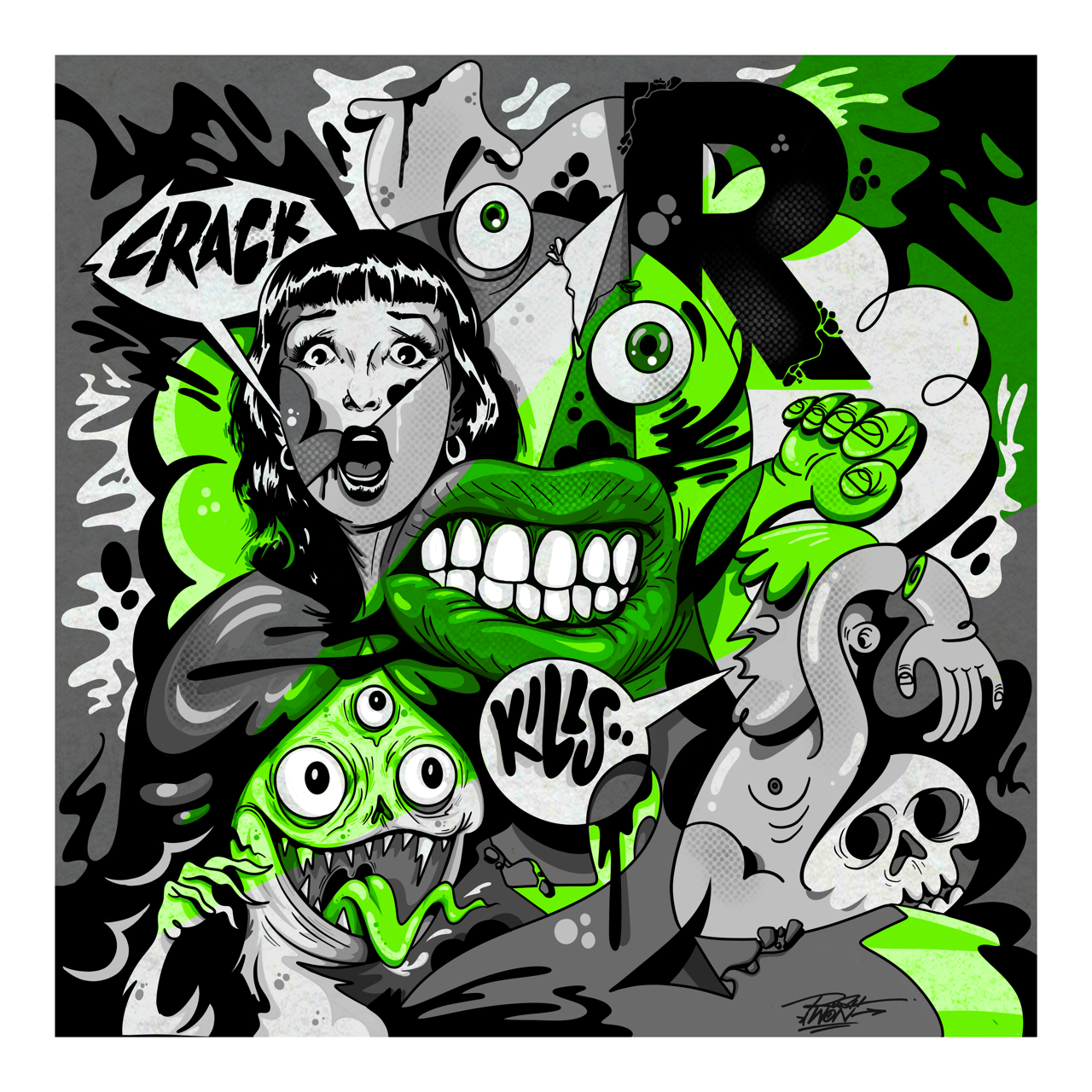 Square illustrative framed wall art titled 'Crack Kills' by Sunday Morning. Premium Giclée print.