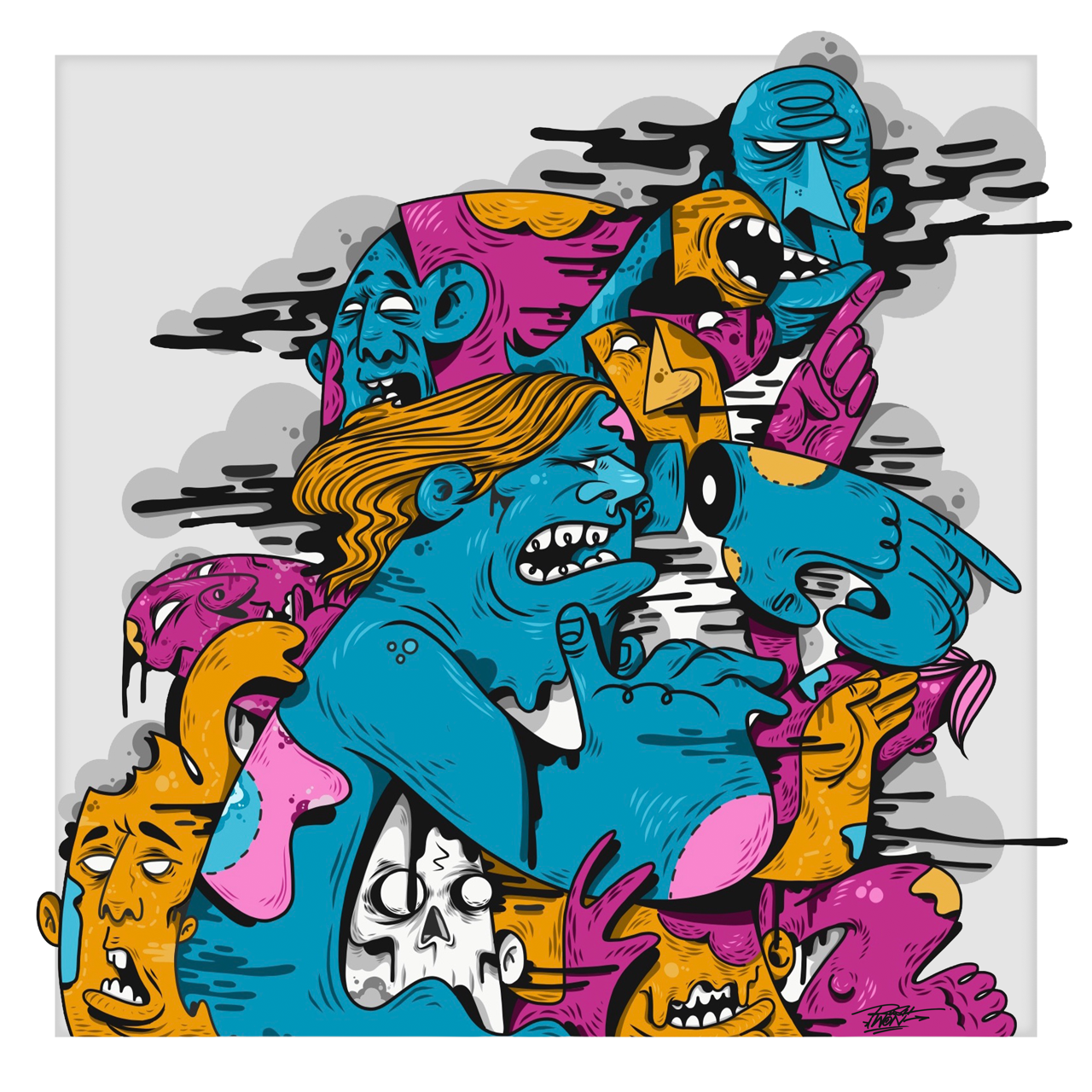 Square illustrative framed wall art titled 'Head First' by Sunday Morning. Premium Giclée print.