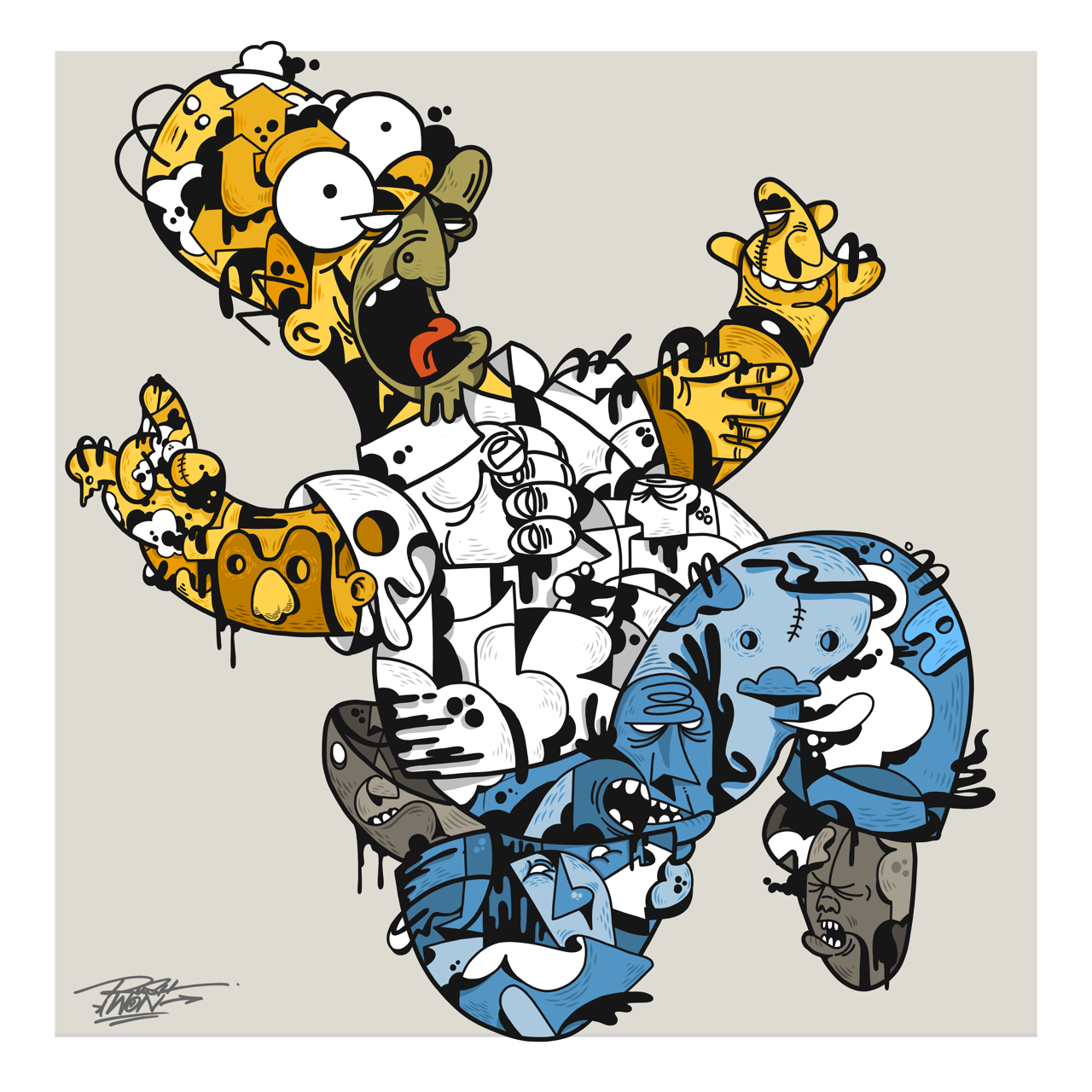 Square illustrative illustration titled Homie by Sunday Morning - Museum quality framed art.