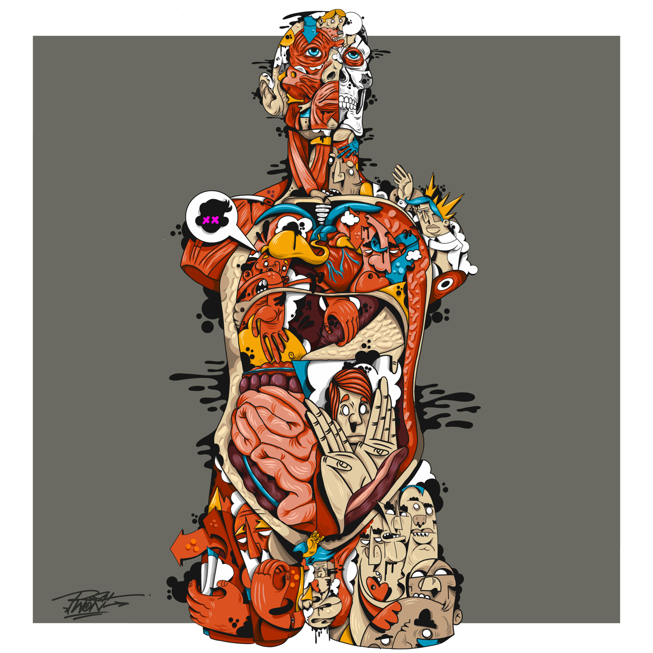 Square illustrative illustration titled Inside Out by Sunday Morning - Museum quality framed art.