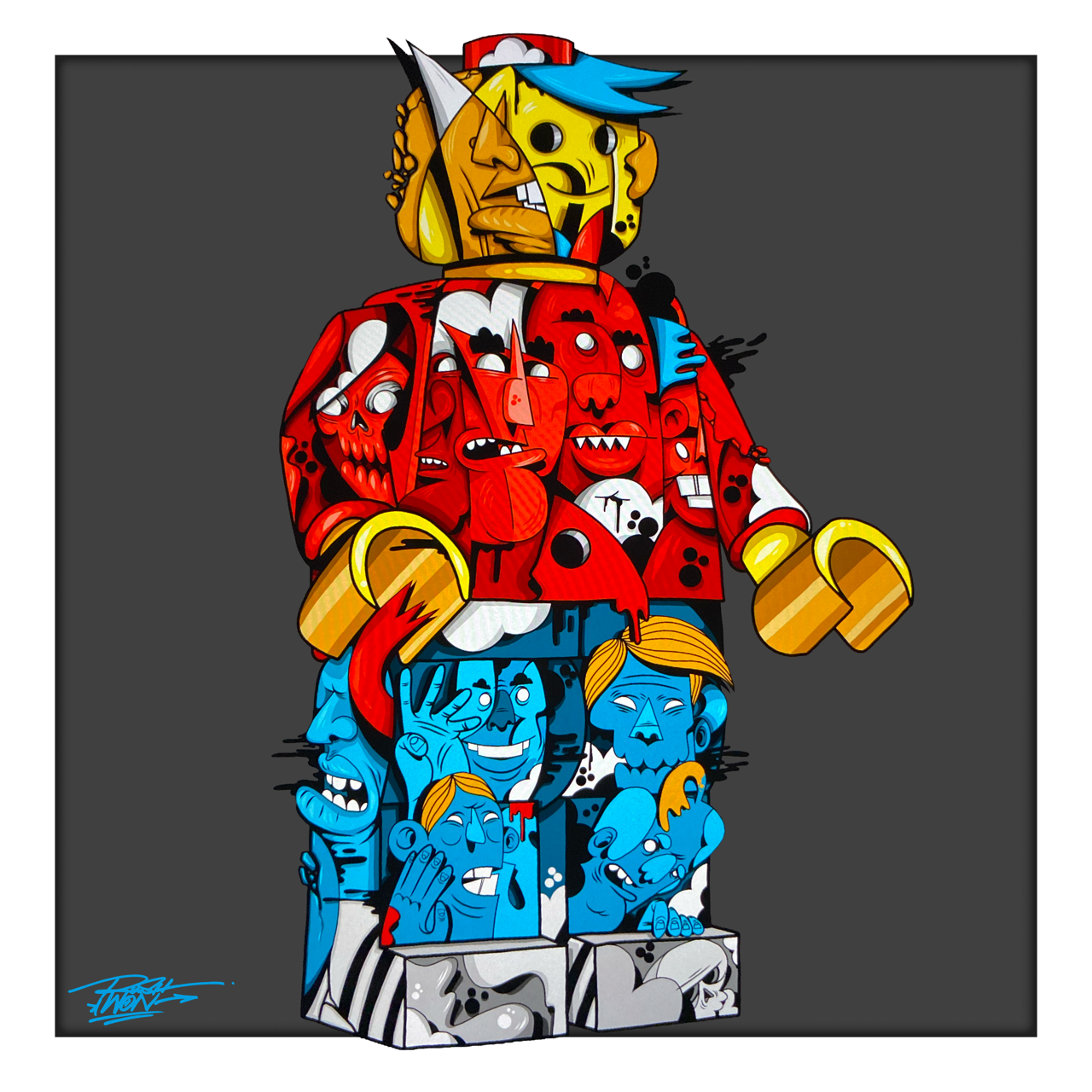 Square illustrative illustration titled Leggo by Sunday Morning - Museum quality framed art.