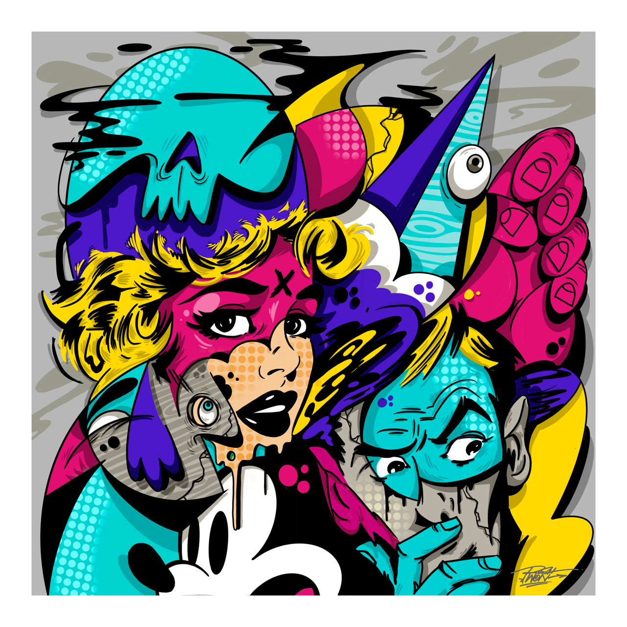 Square illustrative framed wall art titled 'Plastic Nostalgia' by Sunday Morning. Premium Giclée print.