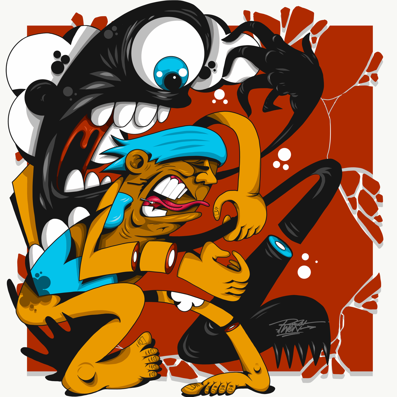 Square illustrative framed wall art titled 'Rawk' by Sunday Morning. Premium Giclée print.