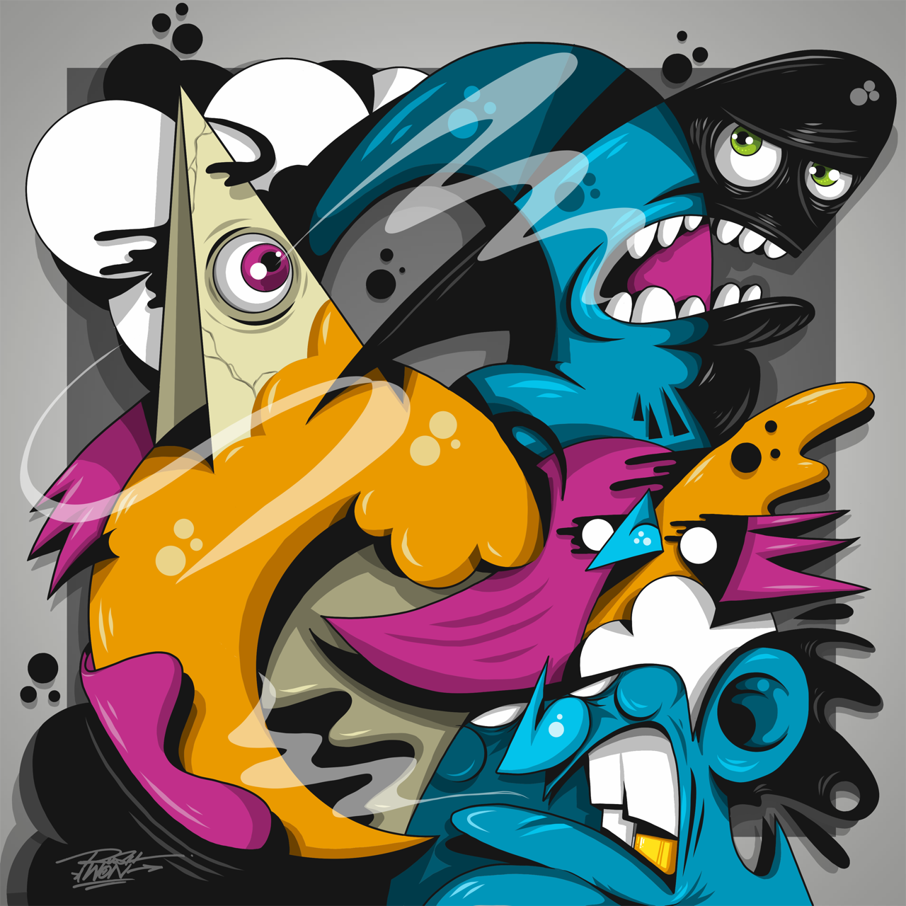 Square illustrative illustration titled Reach Back by Sunday Morning - Museum quality framed art.
