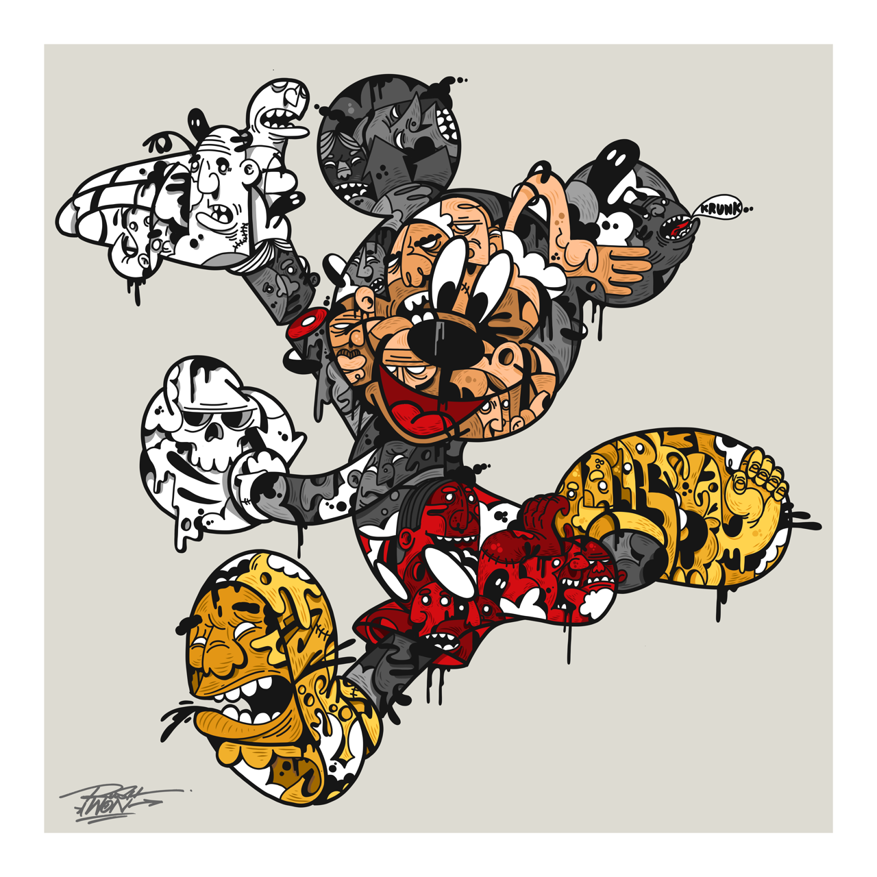 Square illustrative retro-vintage illustration titled Rickie Rat by Sunday Morning - Museum quality framed art.