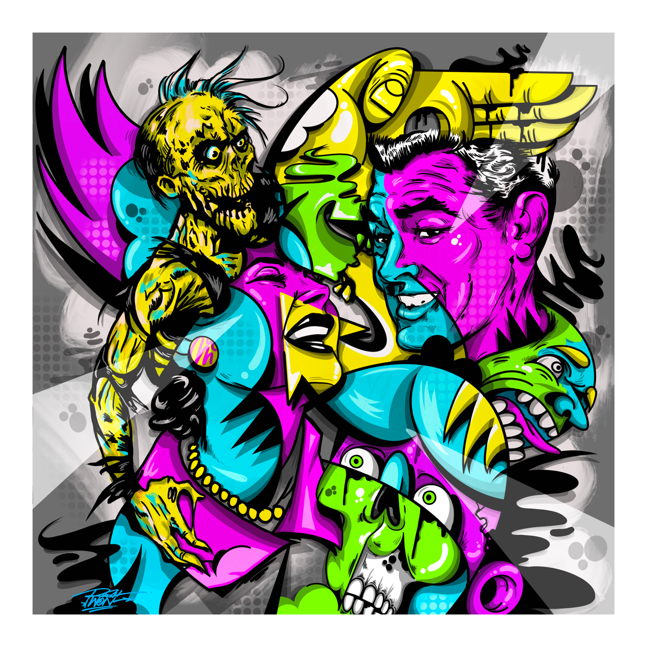 Square illustrative framed wall art titled 'Scary Love' by Sunday Morning. Premium Giclée print.