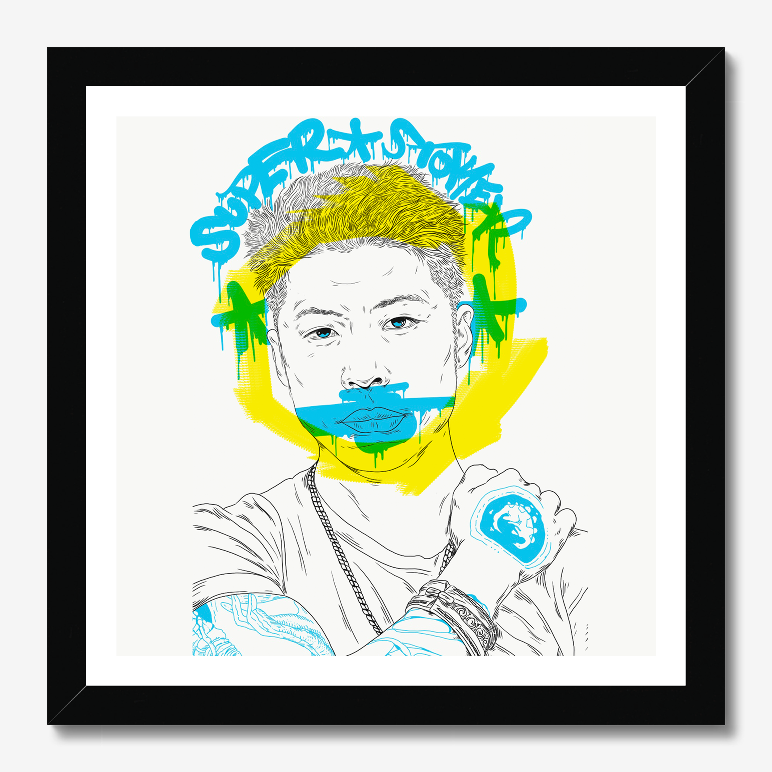 Square typography illustrative illustration titled Super Stoker by Sunday Morning - Museum quality framed art.