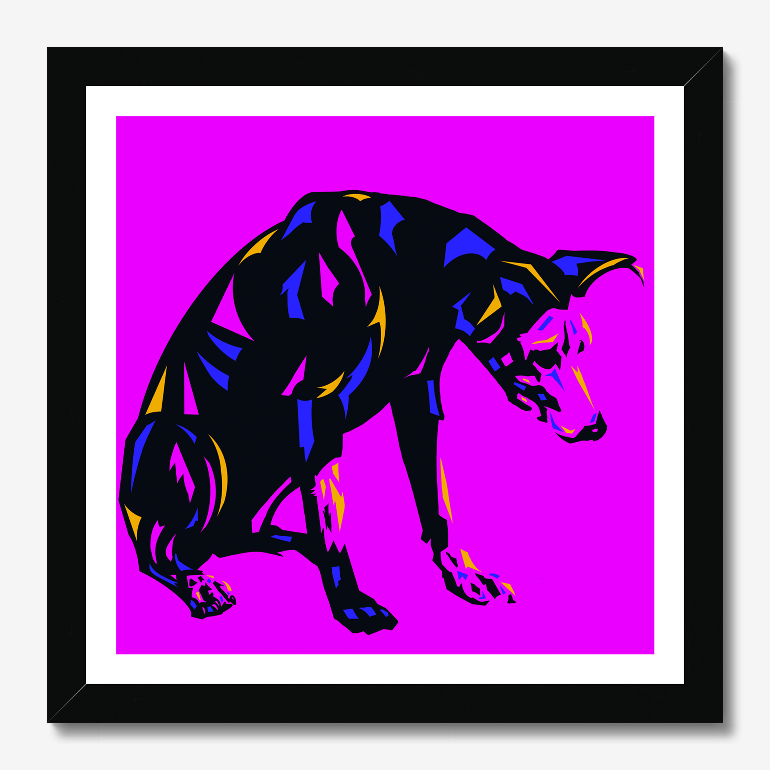 Square illustrative framed wall art titled 'Sup Dog' by Sunday Morning. Premium Giclée print.