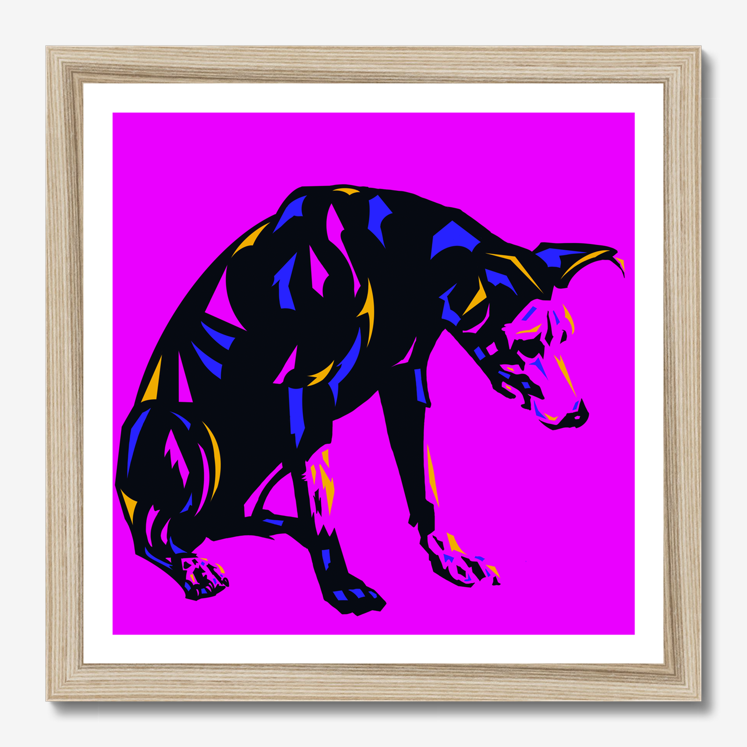 Square illustrative framed wall art titled 'Sup Dog' by Sunday Morning. Premium Giclée print.