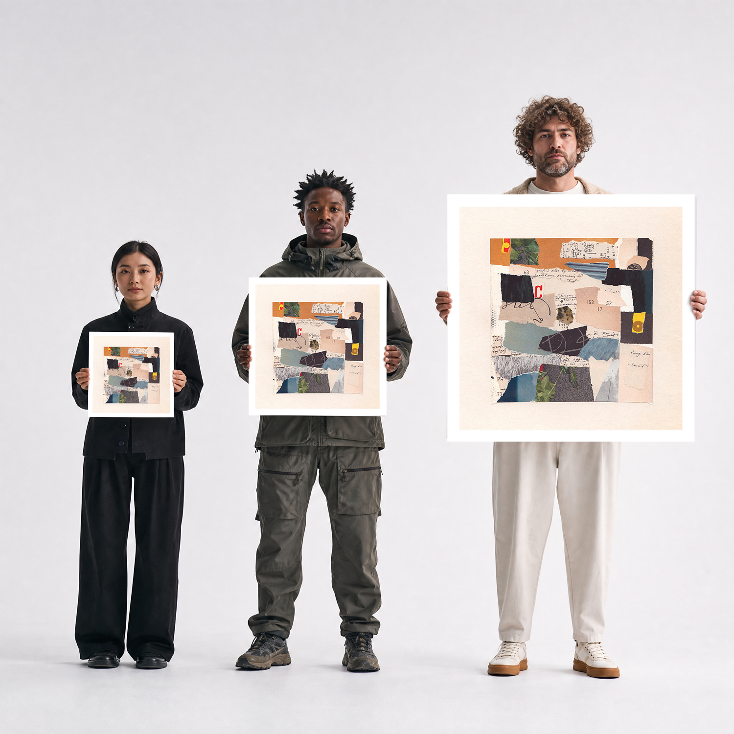 Scale comparison photo showing the 12x12, 20x20, and 40x40 print sizes of '1531757' by Sunday Morning, held by three models for size reference.