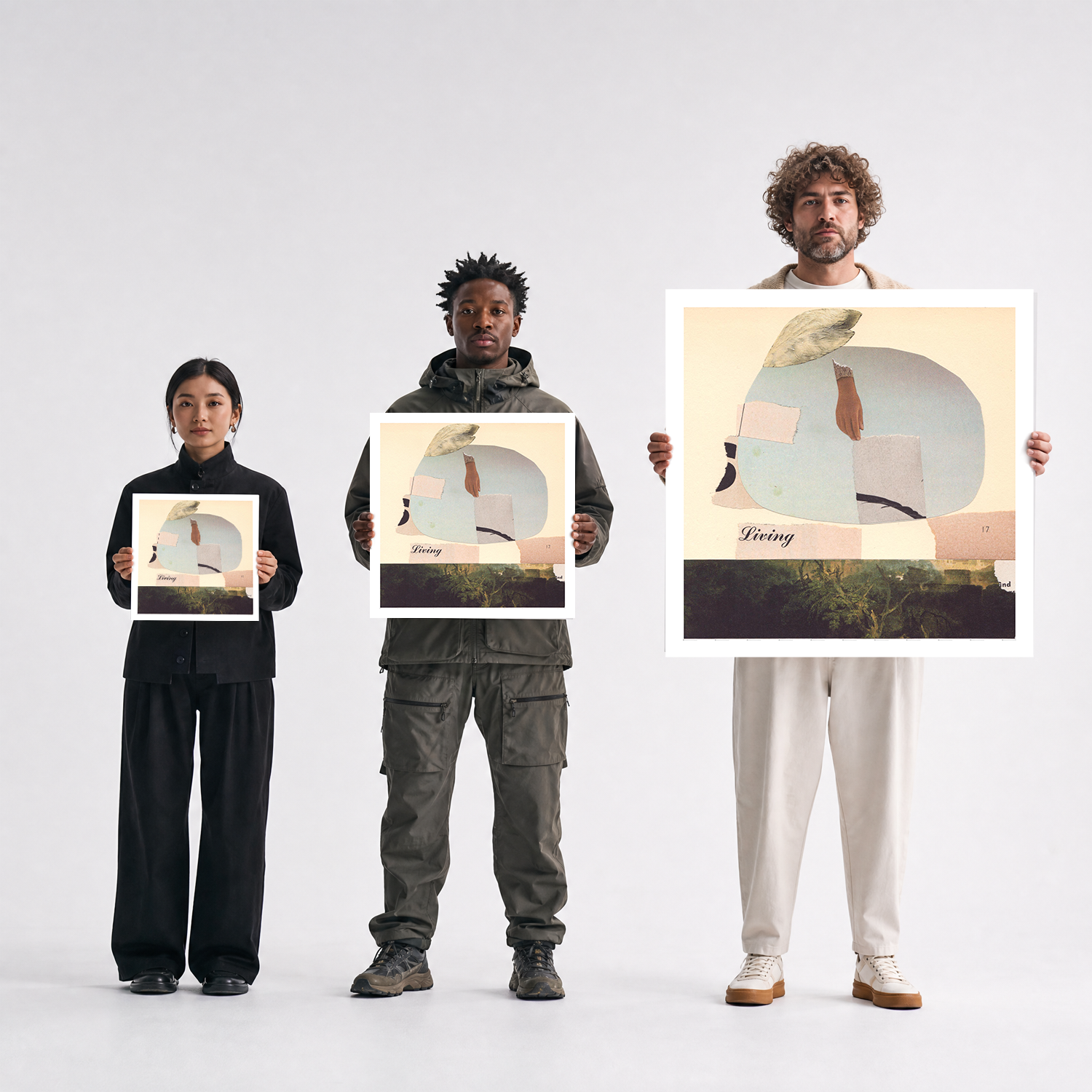Scale comparison photo showing the 12x12, 20x20, and 40x40 print sizes of '173' by Sunday Morning, held by three models for size reference.