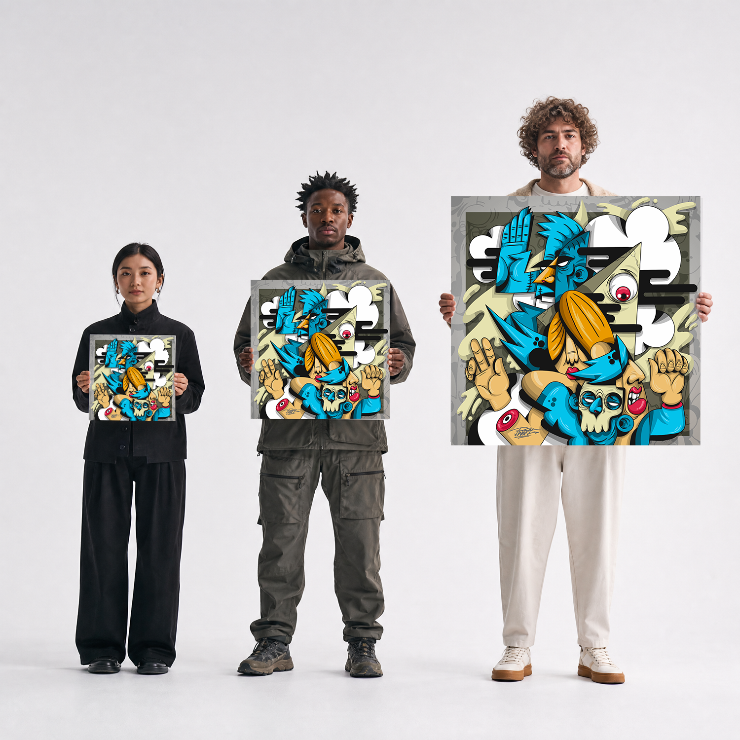 Scale comparison photo showing the 12x12, 20x20, and 40x40 print sizes of 'Angels In The Outfield' by Sunday Morning, held by three models for size reference.