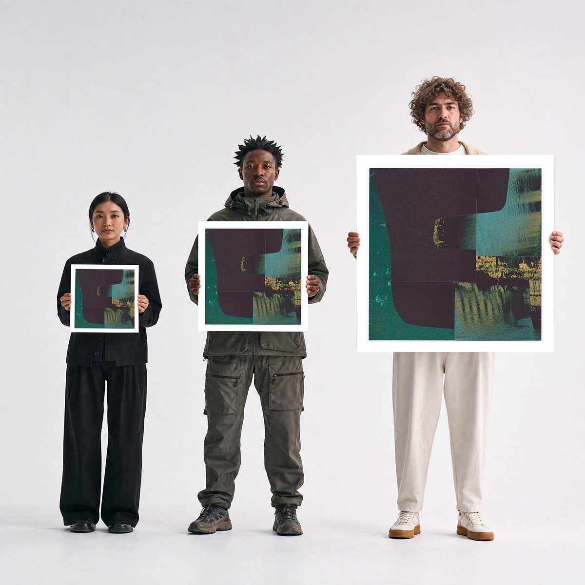 Three models stand against a light gray studio background, each holding a framed art print. The prints feature an abstract composition with dark charcoal, teal, and muted green tones.