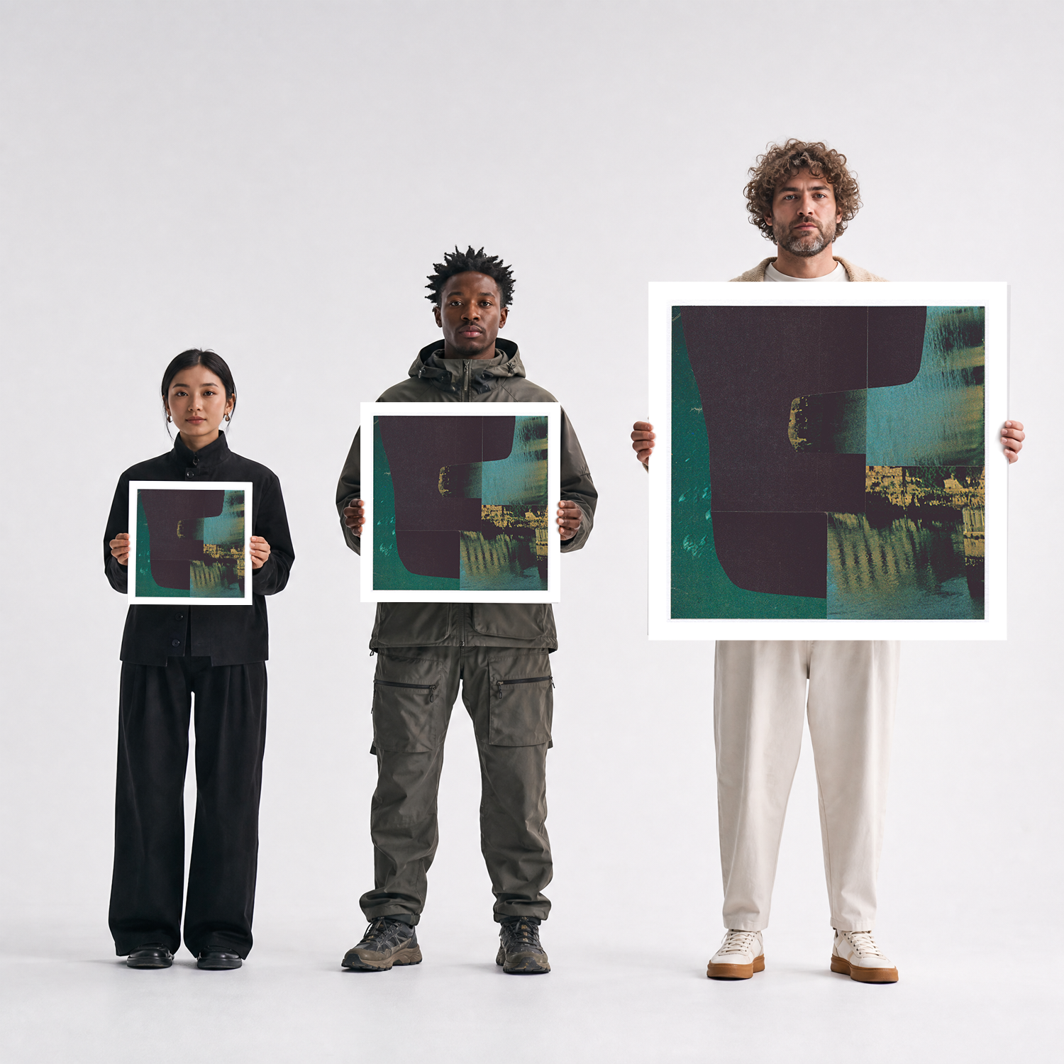 Three models stand against a light gray studio background, each holding a framed art print. The prints feature an abstract composition with dark charcoal, teal, and muted green tones.