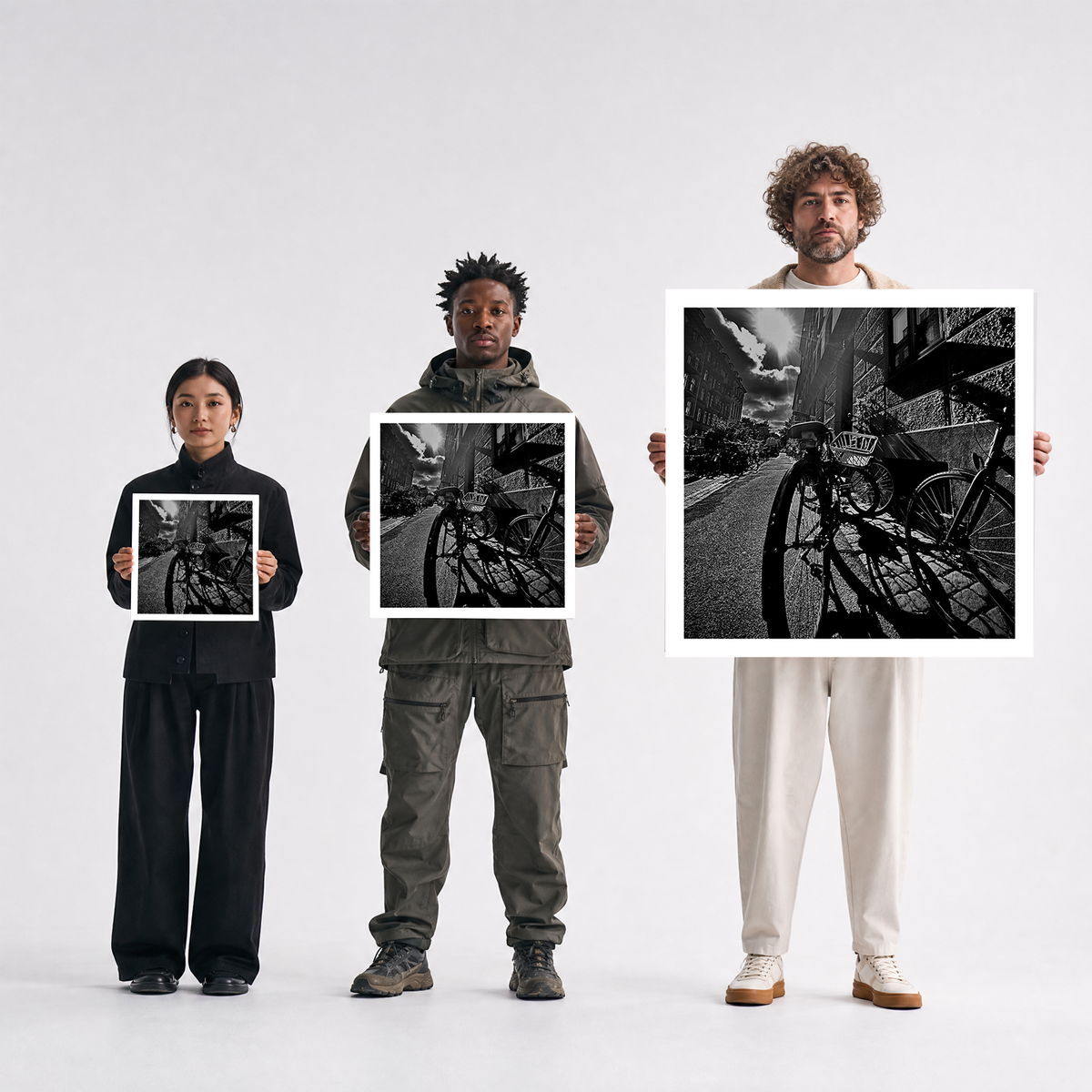 Three people standing against a light gray studio background, each holding a square black-and-white art print featuring a bicycle street scene. The person on the right holds the largest print, with the others holding smaller versions.