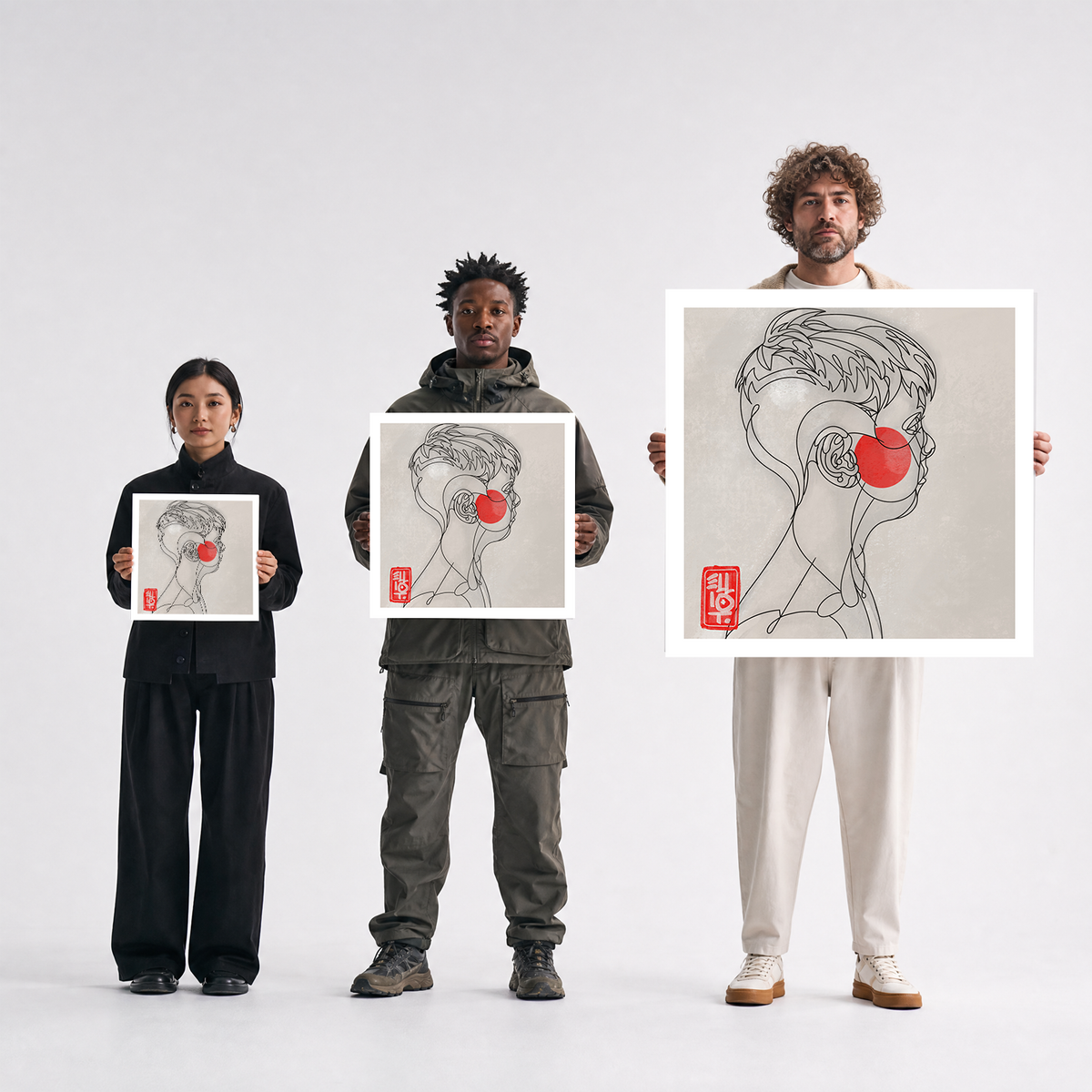 Scale comparison photo showing the 12x12, 20x20, and 40x40 print sizes of 'Boy' by Sunday Morning, held by three models for size reference.