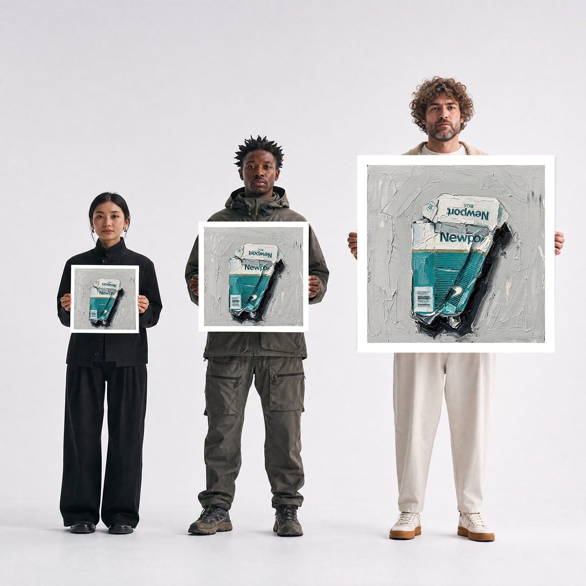 Scale comparison photo showing the 12x12, 20x20, and 40x40 print sizes of 'Broken Habit' by Sunday Morning, held by three models for size reference.