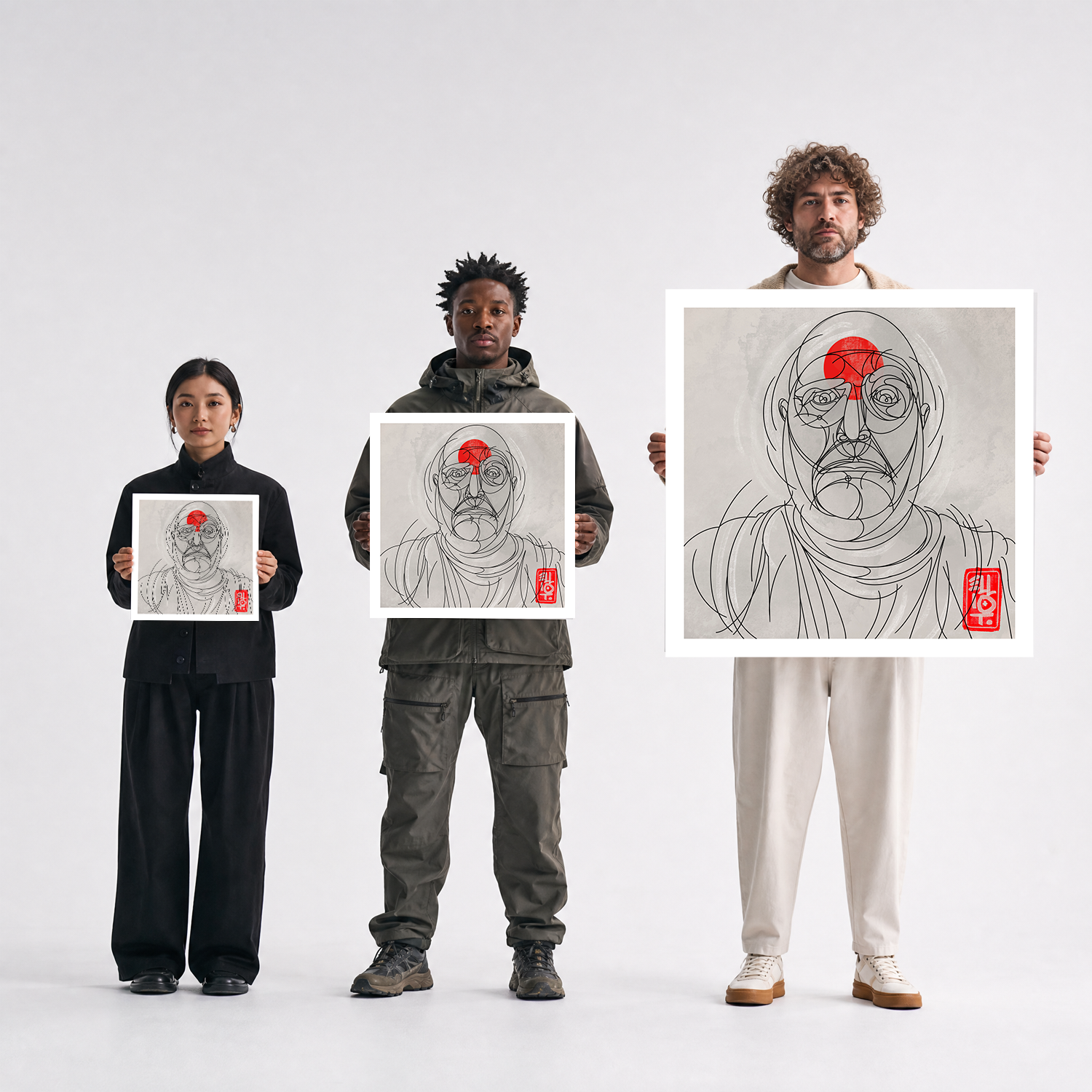 Scale comparison photo showing the 12x12, 20x20, and 40x40 print sizes of 'Brudha' by Sunday Morning, held by three models for size reference.