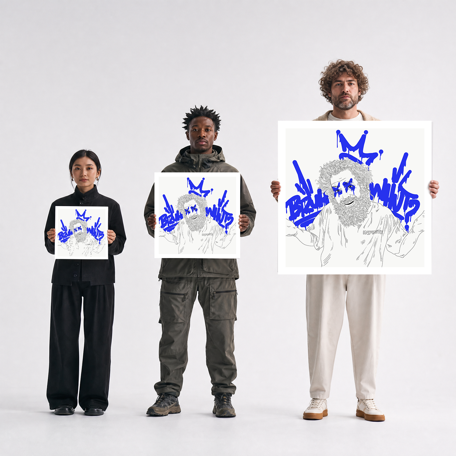 Three people standing against a light gray studio background, each holding a square art print. The prints show a white sketch-style portrait with blue graffiti-like lettering and a gray cross motif.