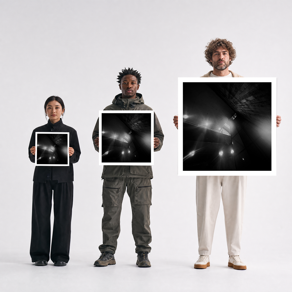 Scale comparison photo showing the 12x12, 20x20, and 40x40 print sizes of 'Brute' by Sunday Morning, held by three models for size reference.