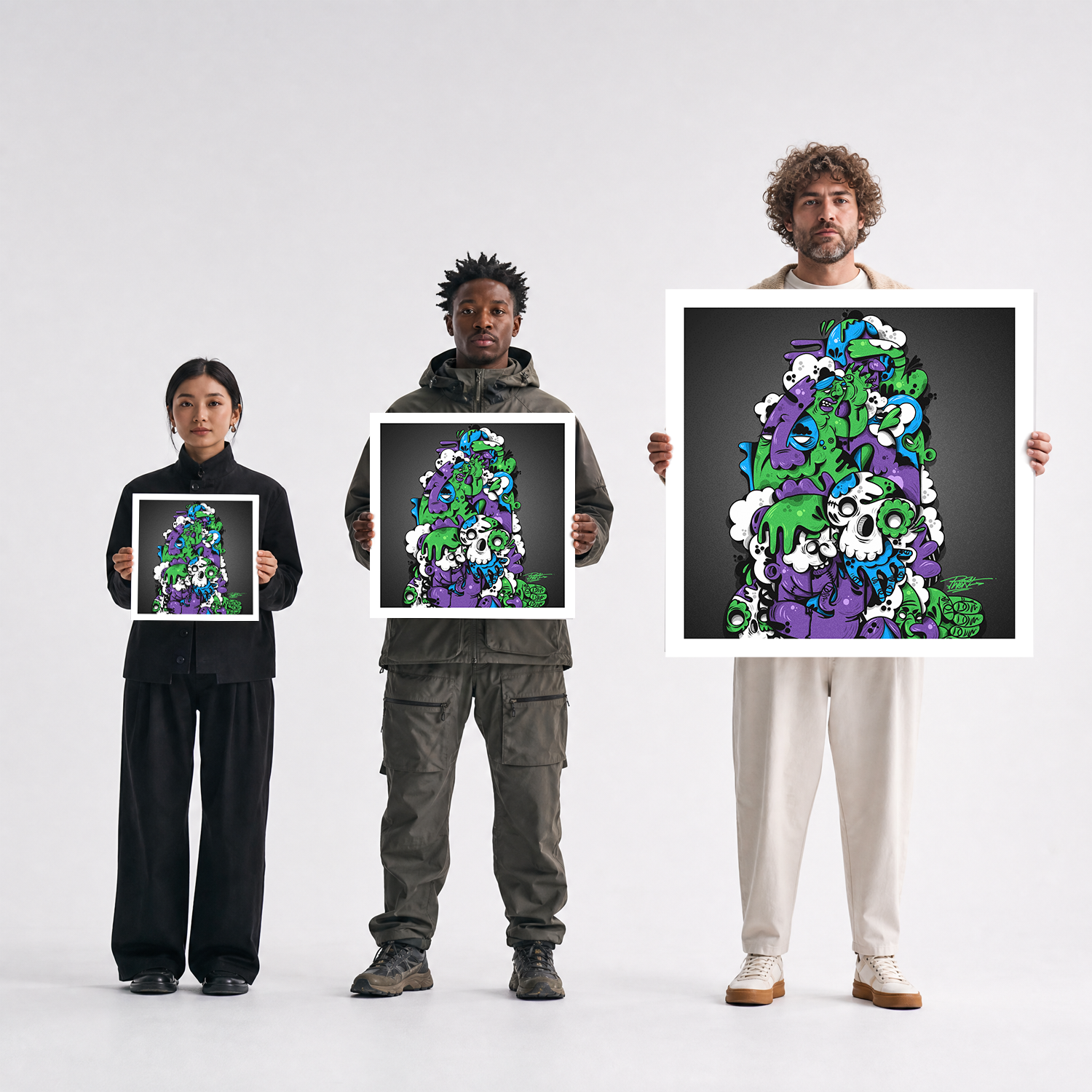 Scale comparison photo showing the 12x12, 20x20, and 40x40 print sizes of 'Buenos Tardes Amigo' by Sunday Morning, held by three models for size reference.