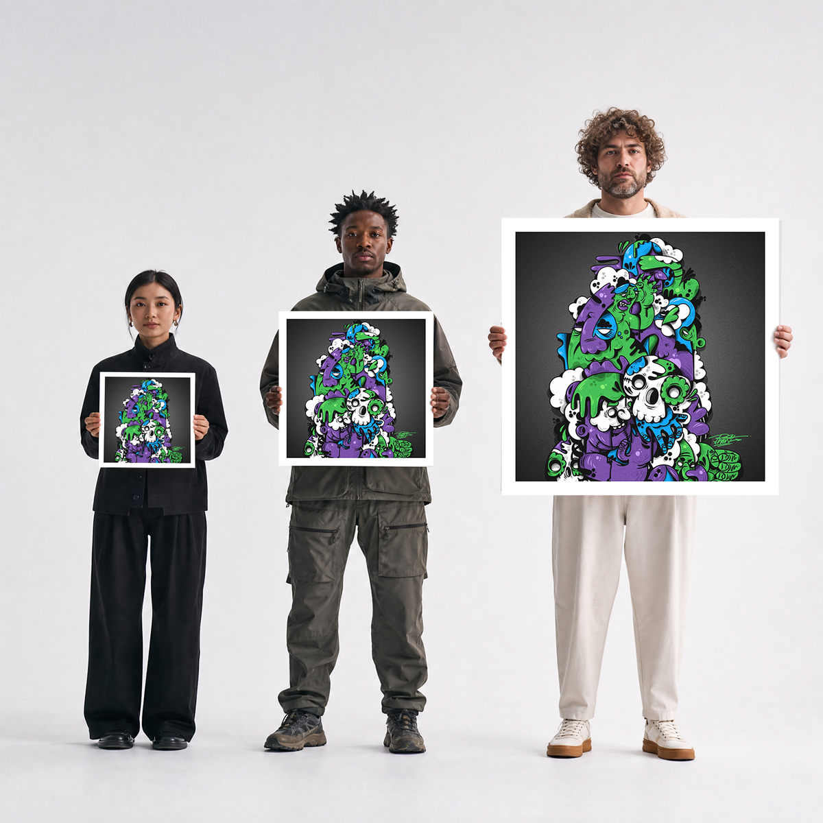 Scale comparison photo showing the 12x12, 20x20, and 40x40 print sizes of 'Buenos Tardes Amigo' by Sunday Morning, held by three models for size reference.